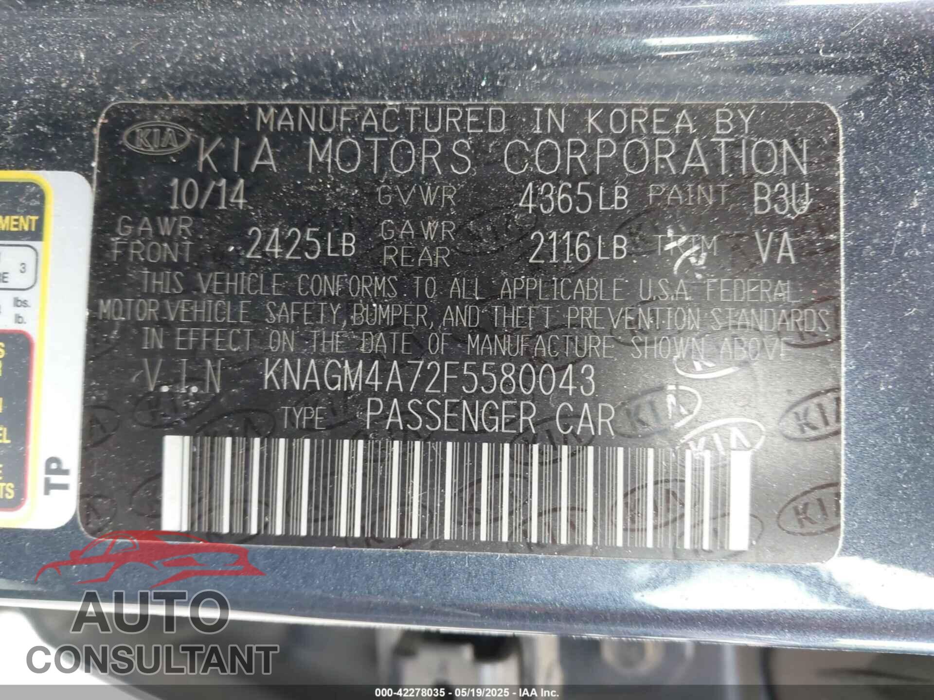 KIA OPTIMA 2015 - KNAGM4A72F5580043