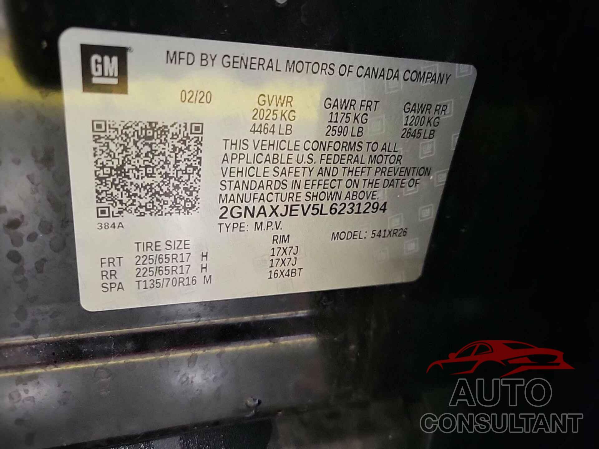 CHEVROLET EQUINOX 2020 - 2GNAXJEV5L6231294