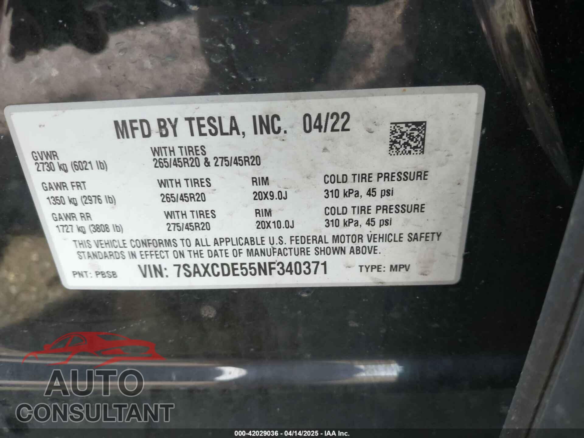 TESLA MODEL X 2022 - 7SAXCDE55NF340371