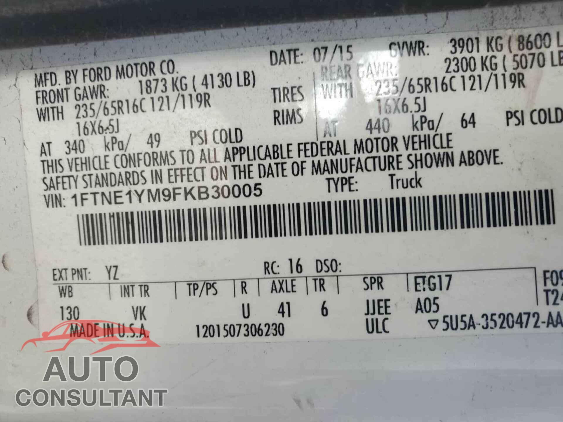 FORD TRANSIT 2015 - 1FTNE1YM9FKB30005