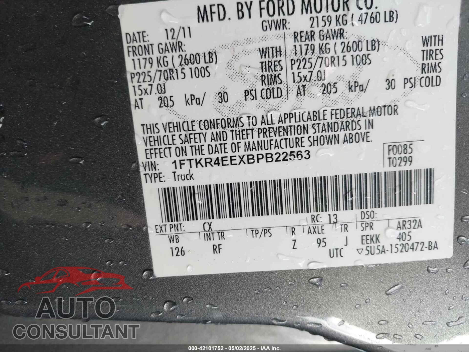 FORD RANGER 2011 - 1FTKR4EEXBPB22563
