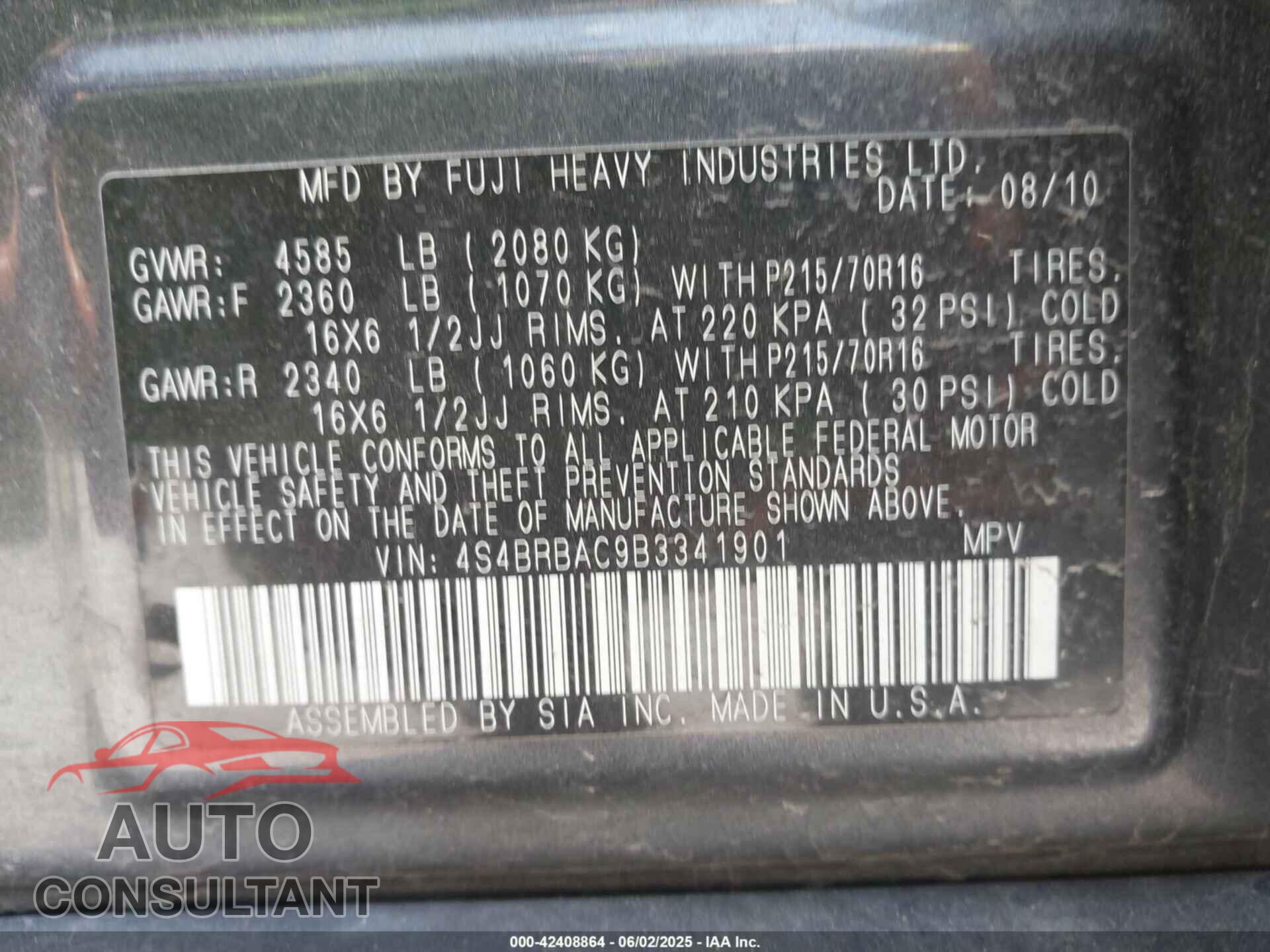SUBARU OUTBACK 2011 - 4S4BRBAC9B3341901