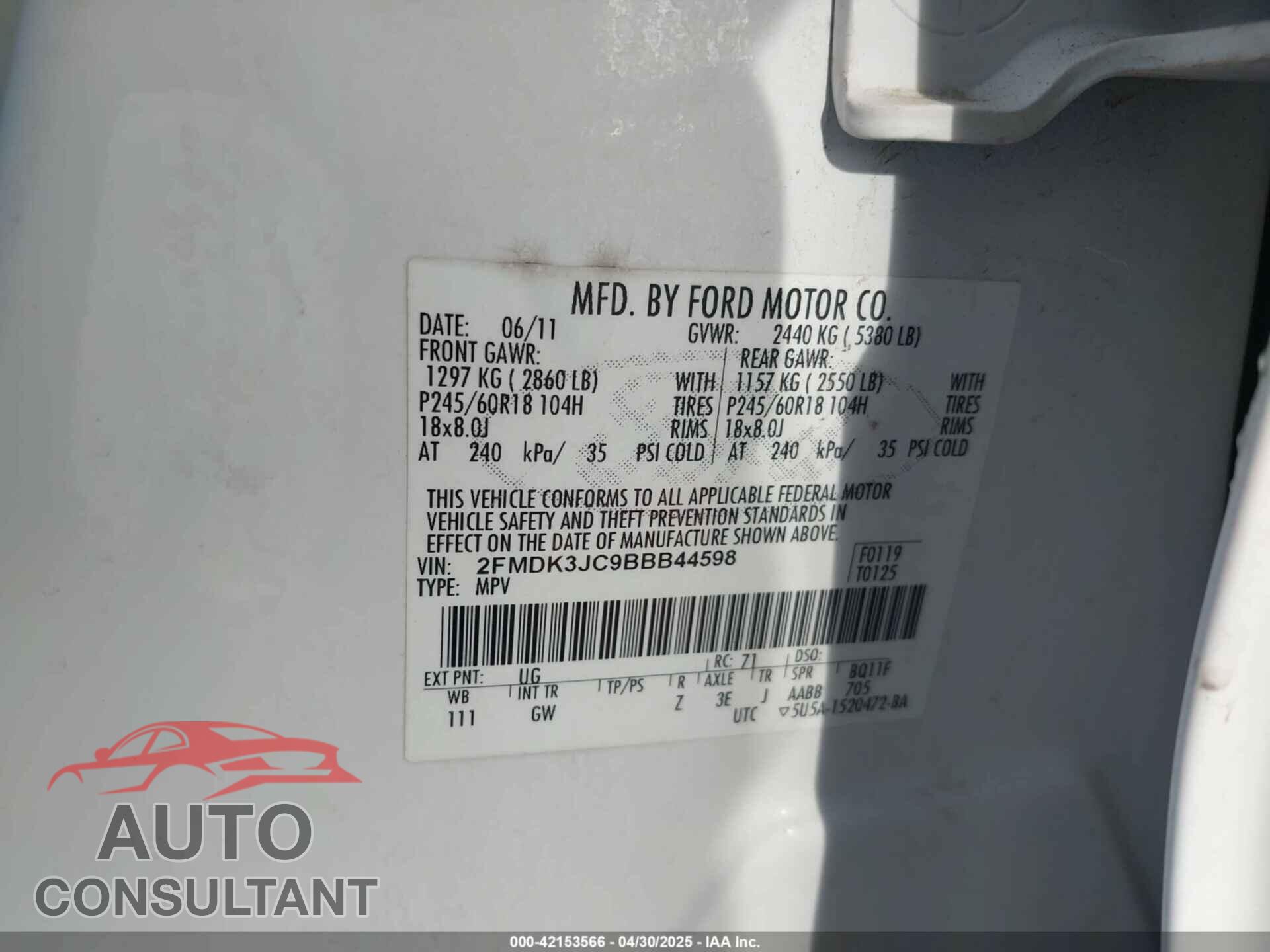 FORD EDGE 2011 - 2FMDK3JC9BBB44598