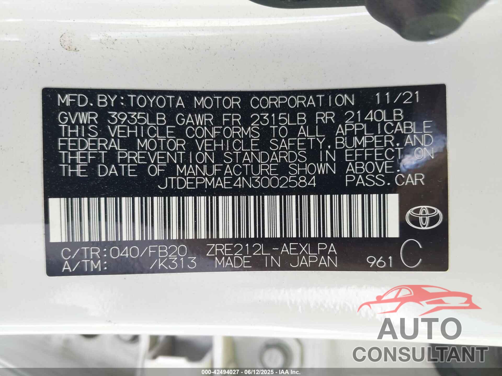 TOYOTA COROLLA 2022 - JTDEPMAE4N3002584