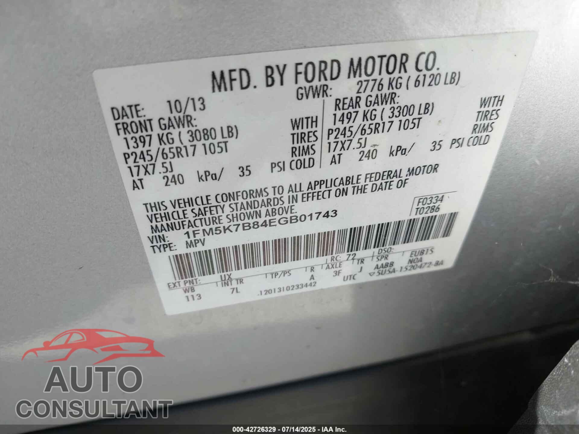 FORD EXPLORER 2014 - 1FM5K7B84EGB01743