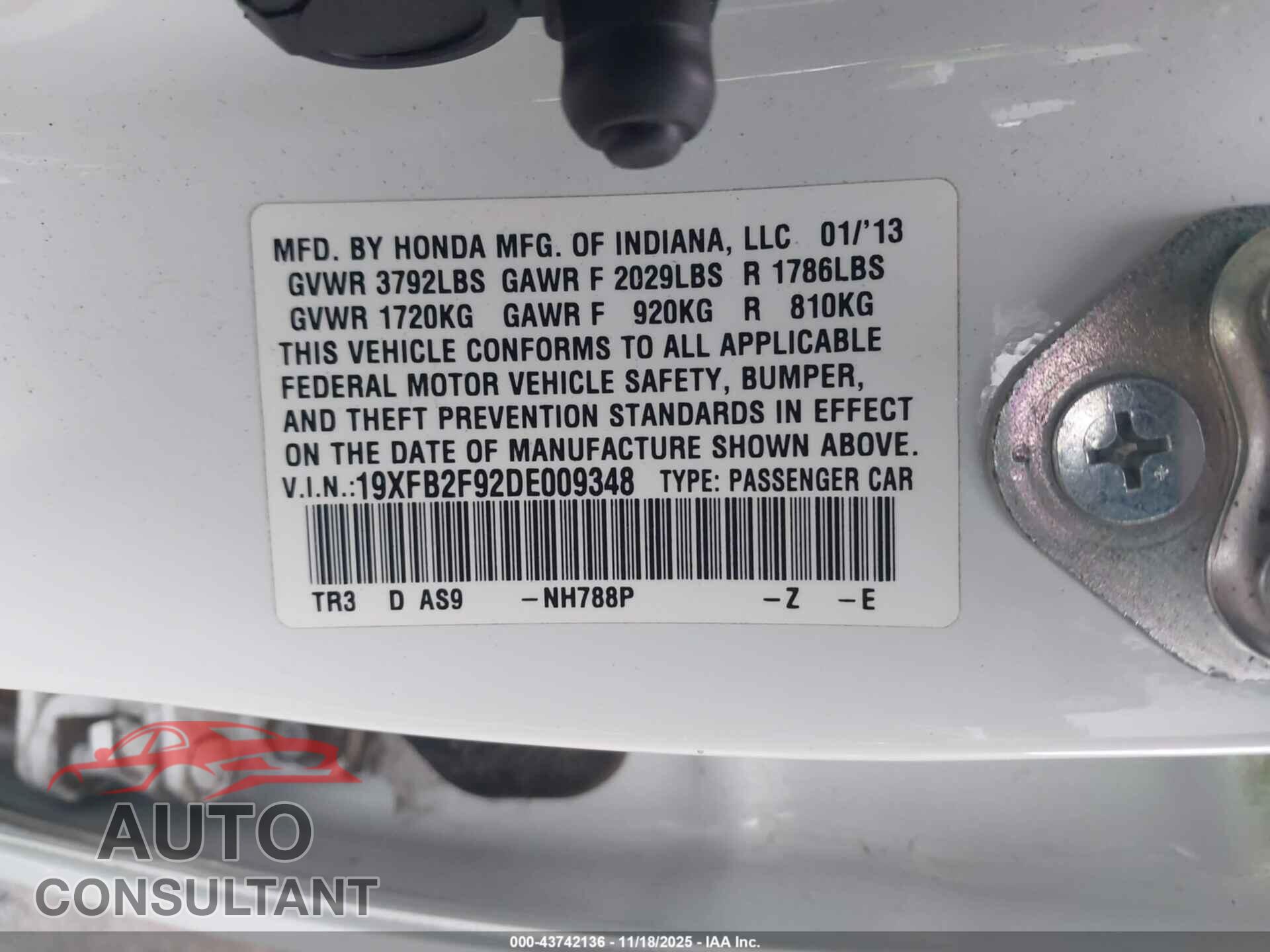 HONDA CIVIC 2013 - 19XFB2F92DE009348