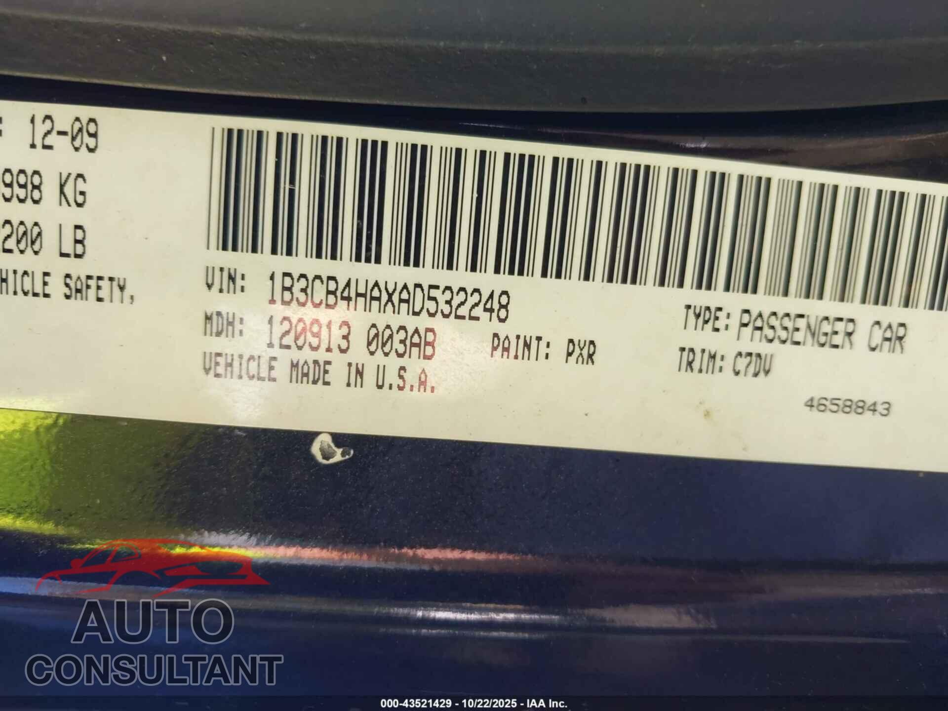 DODGE CALIBER 2010 - 1B3CB4HAXAD532248