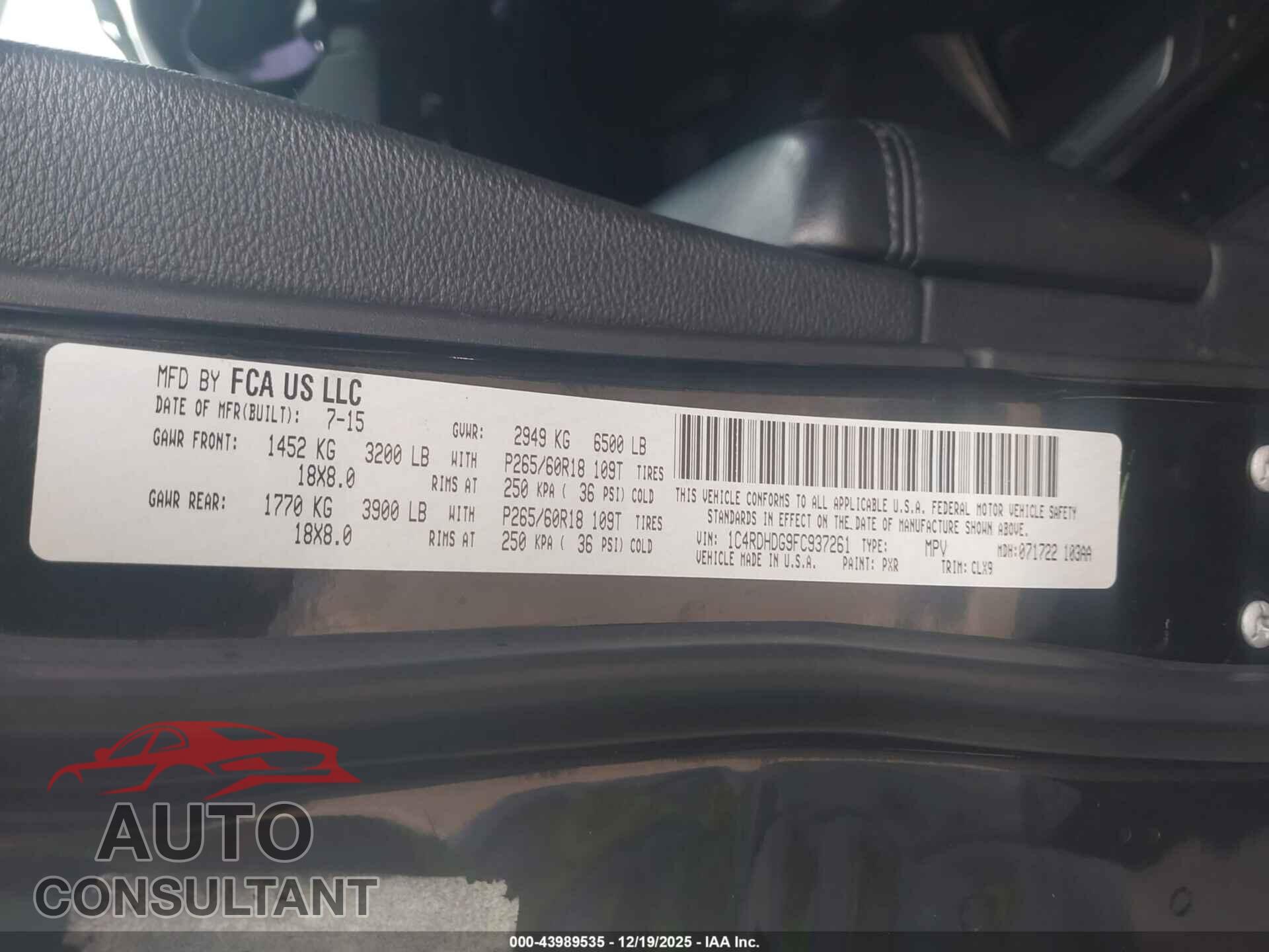 DODGE DURANGO 2015 - 1C4RDHDG9FC937261