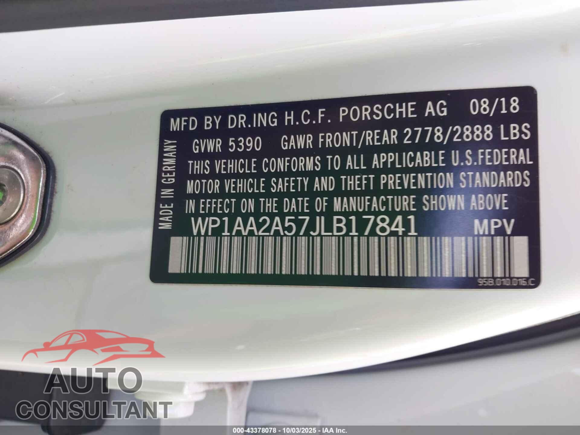 PORSCHE MACAN 2018 - WP1AA2A57JLB17841