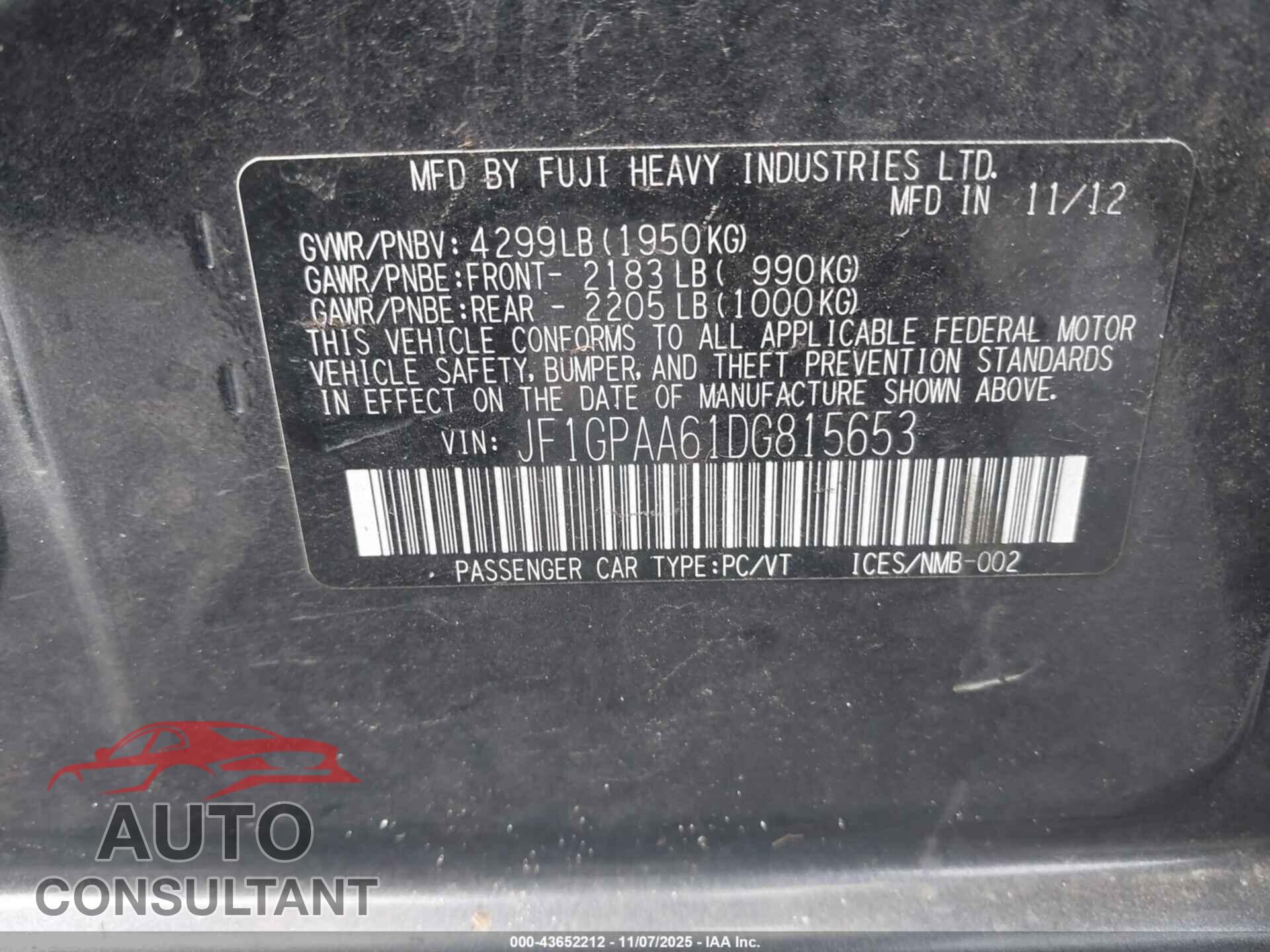 SUBARU IMPREZA 2013 - JF1GPAA61DG815653
