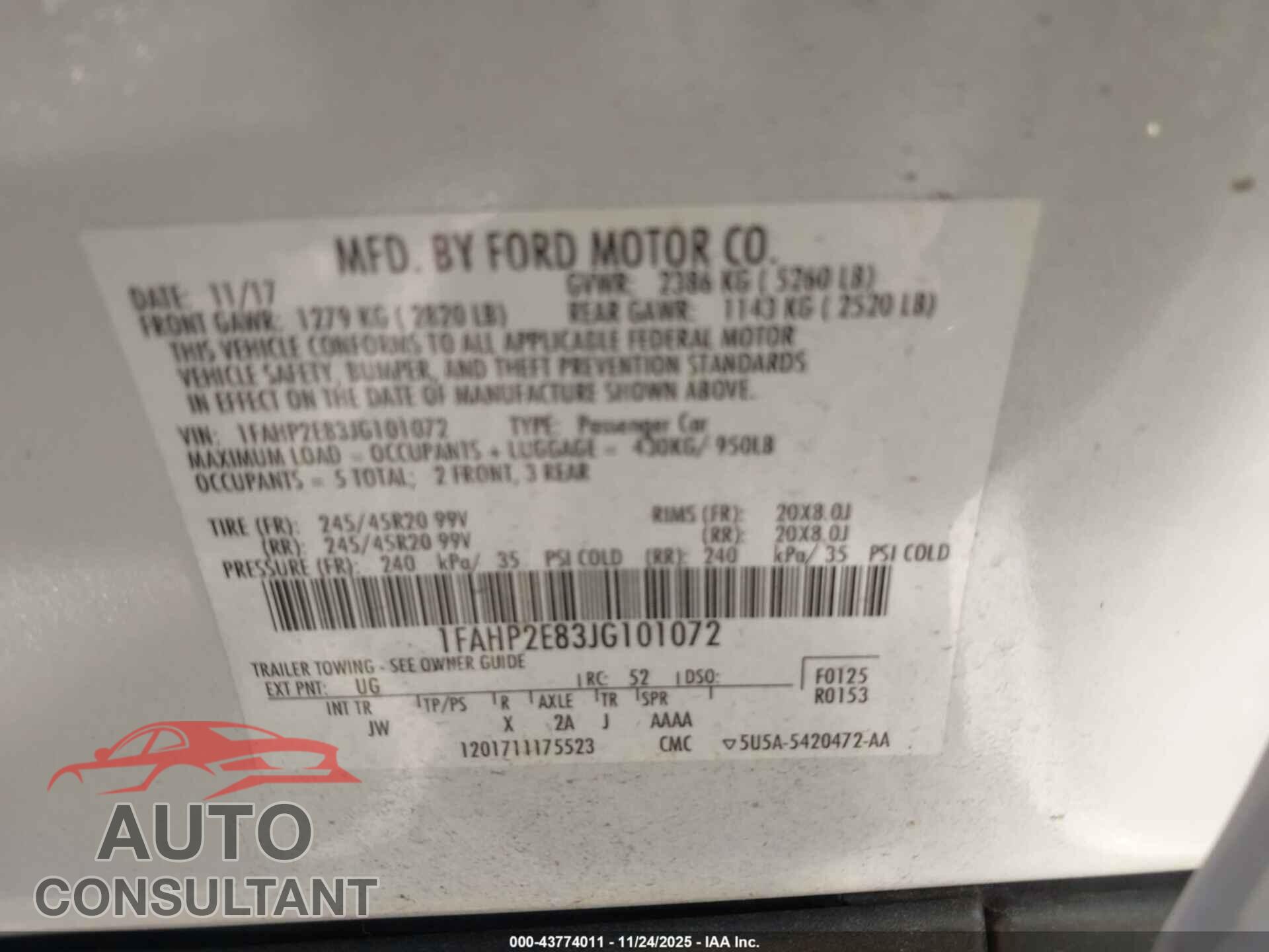 FORD TAURUS 2018 - 1FAHP2E83JG101072
