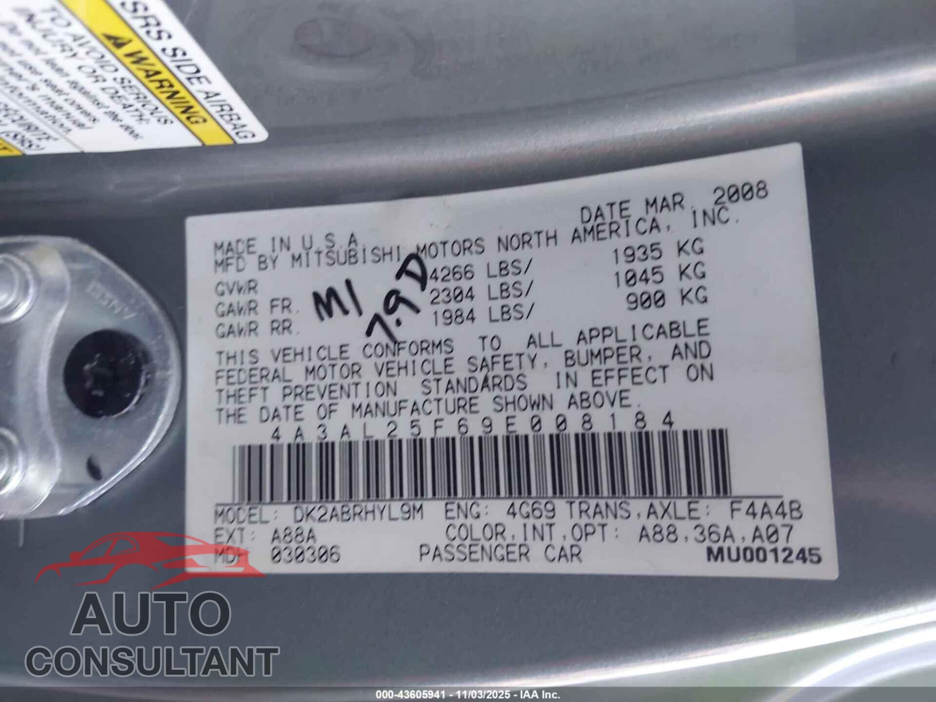 MITSUBISHI ECLIPSE SPYDER 2009 - 4A3AL25F69E008184