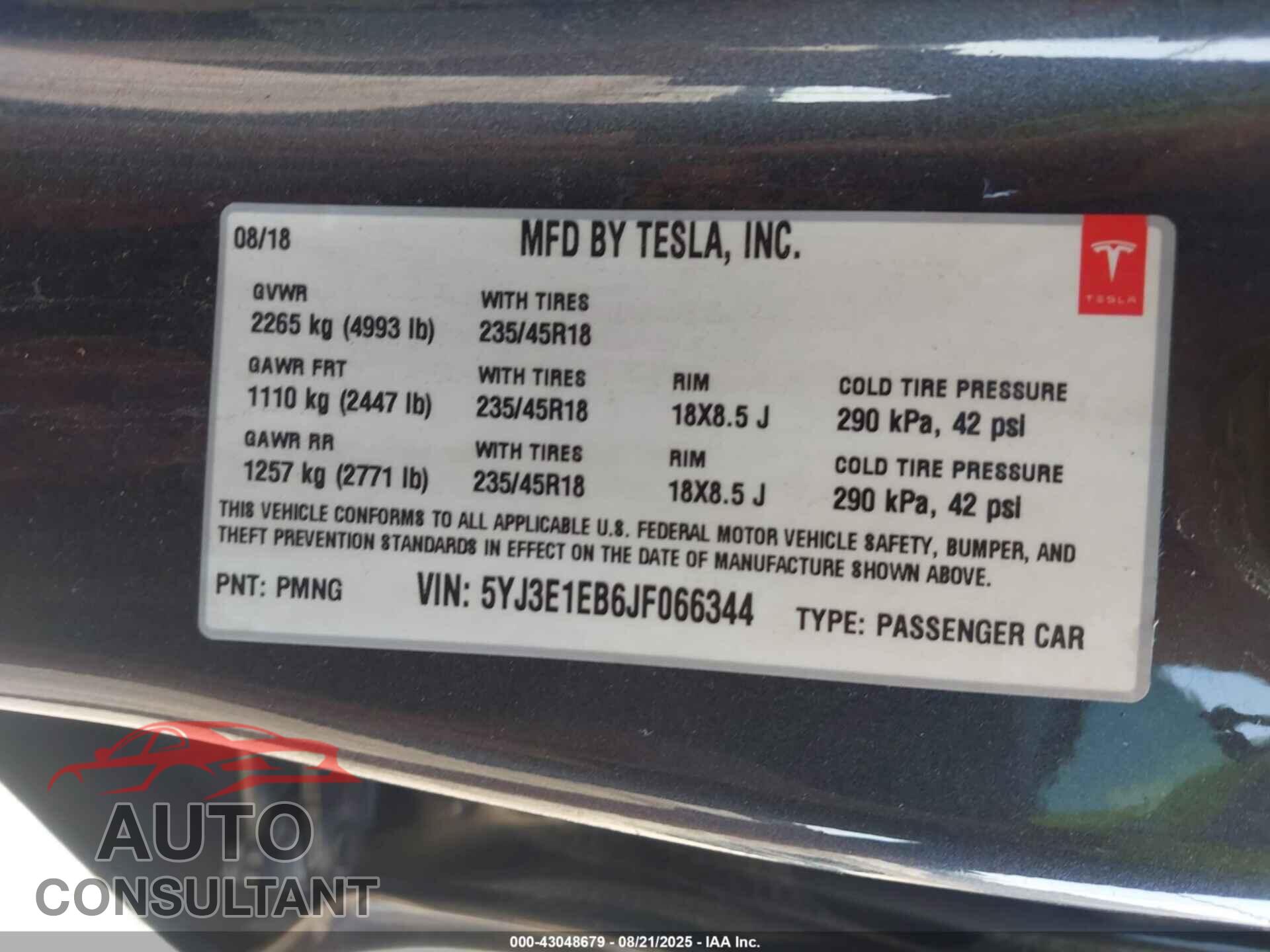 TESLA MODEL 3 2018 - 5YJ3E1EB6JF066344