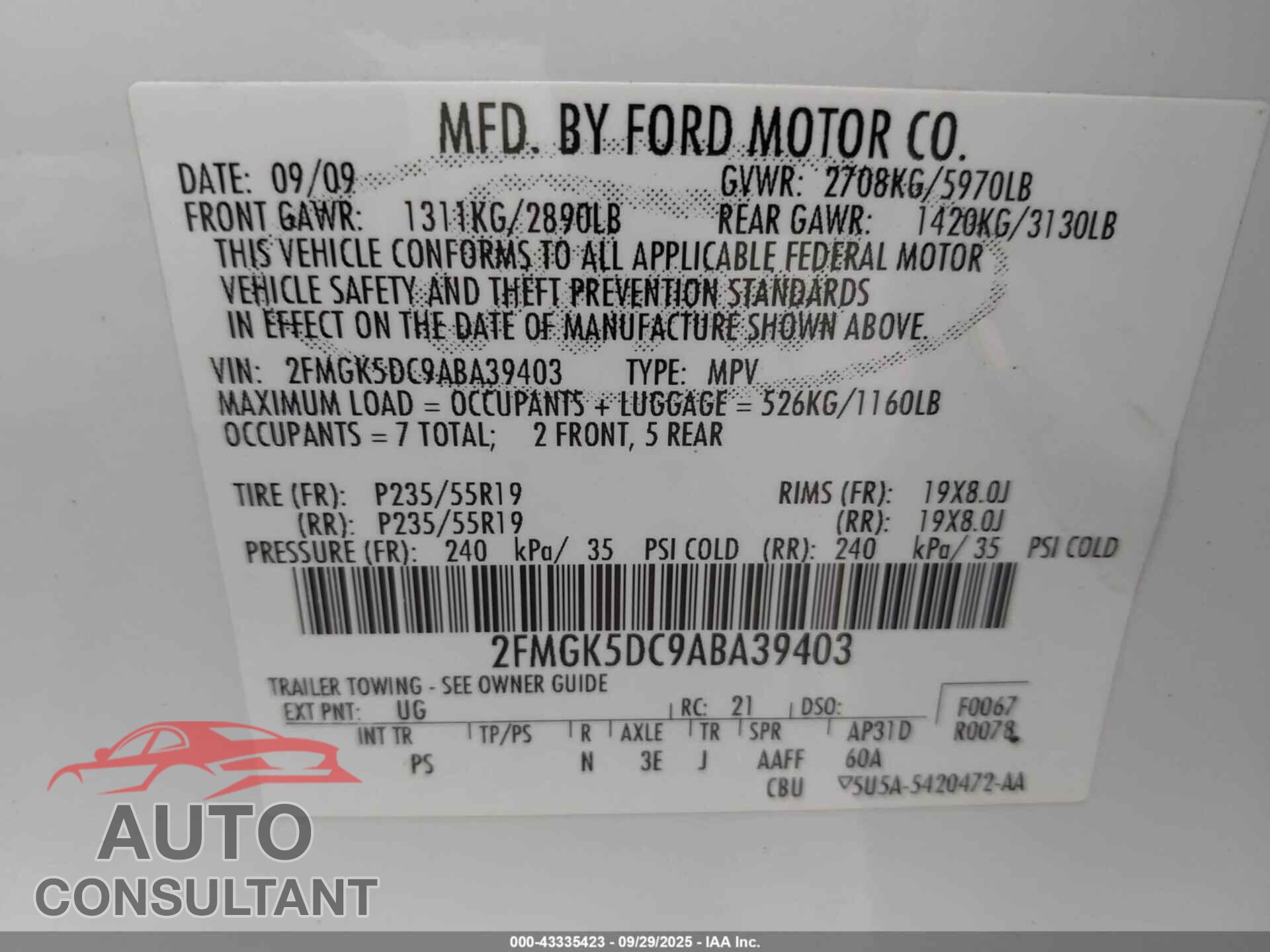 FORD FLEX 2010 - 2FMGK5DC9ABA39403
