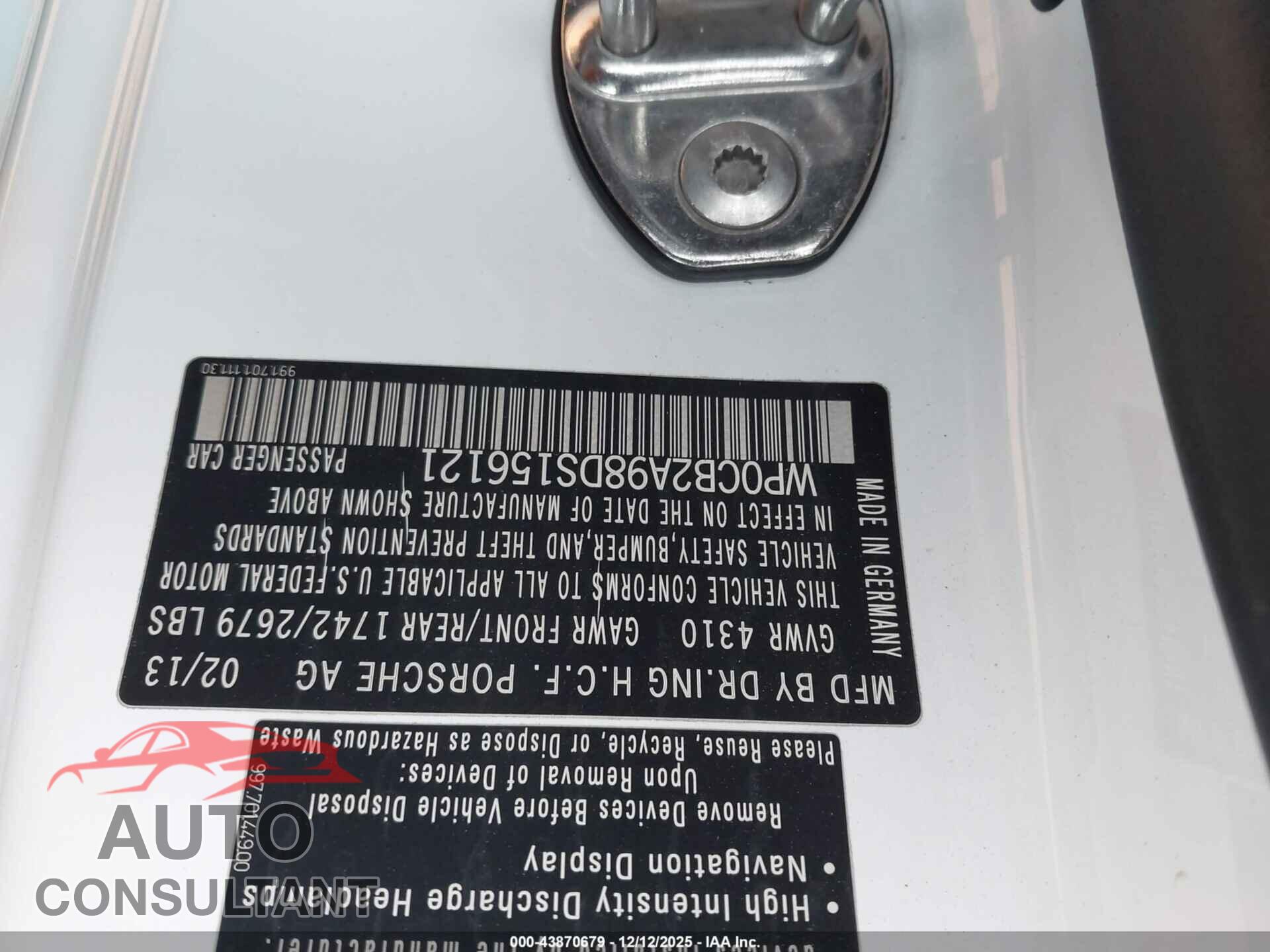 PORSCHE 911 2013 - WP0CB2A98DS156121