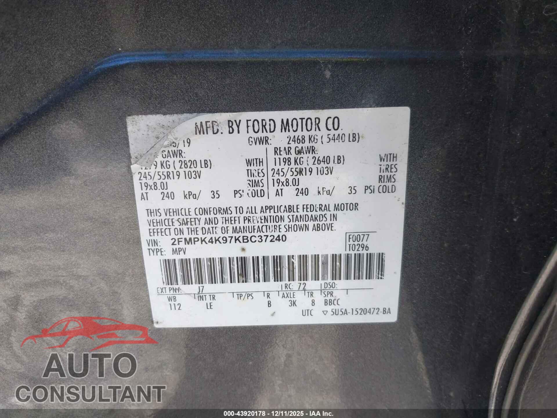 FORD EDGE 2019 - 2FMPK4K97KBC37240