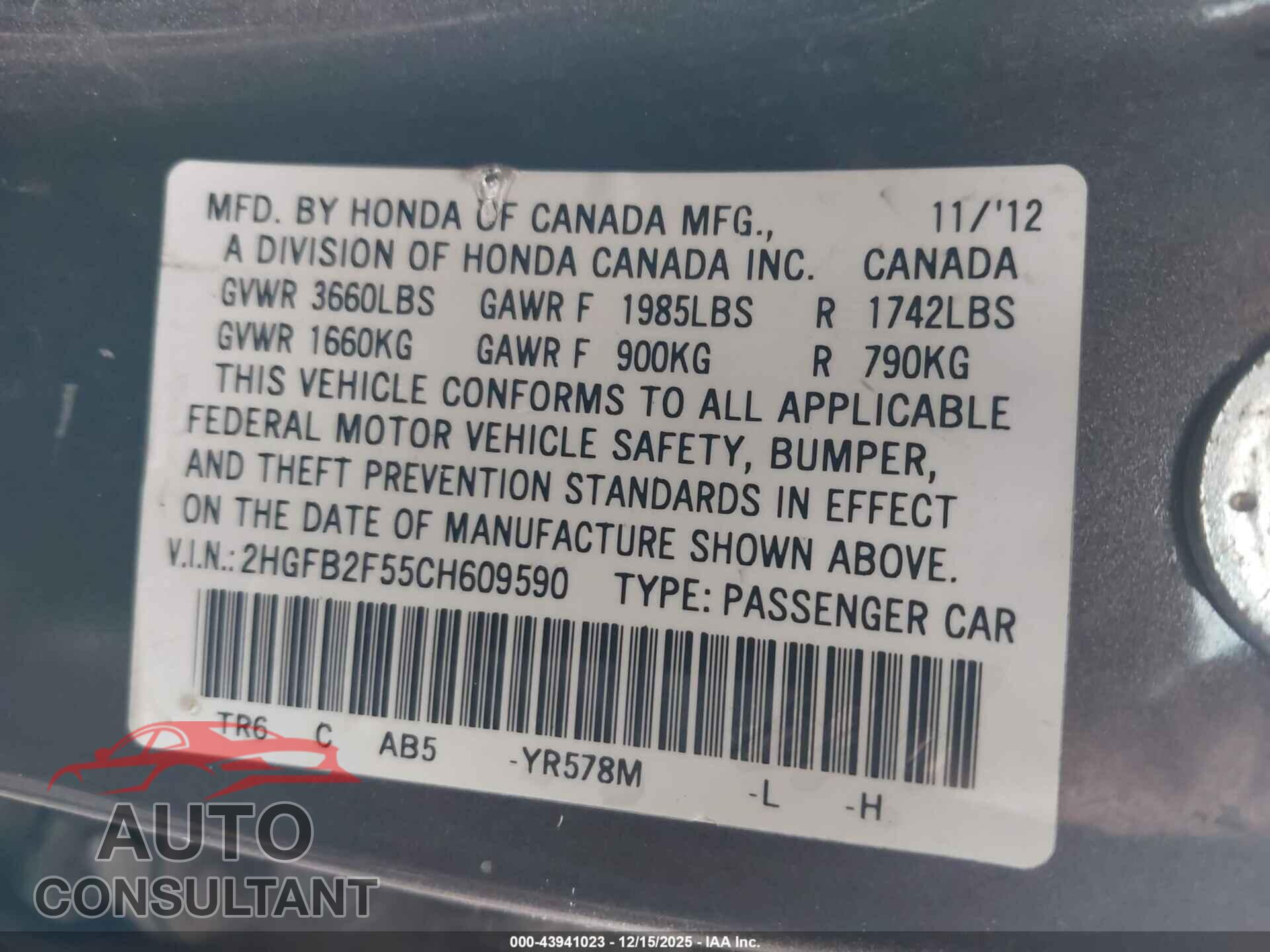 HONDA CIVIC 2012 - 2HGFB2F55CH609590