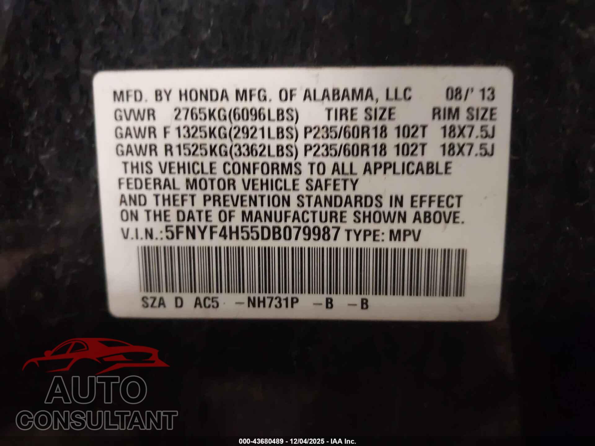 HONDA PILOT 2013 - 5FNYF4H55DB079987