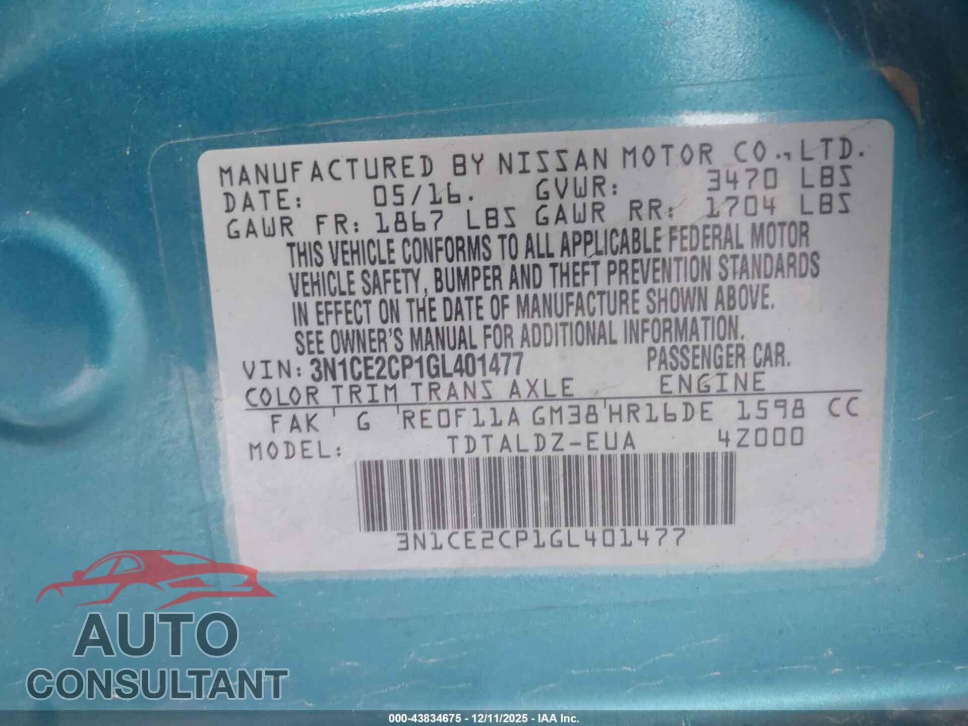 NISSAN VERSA NOTE 2016 - 3N1CE2CP1GL401477