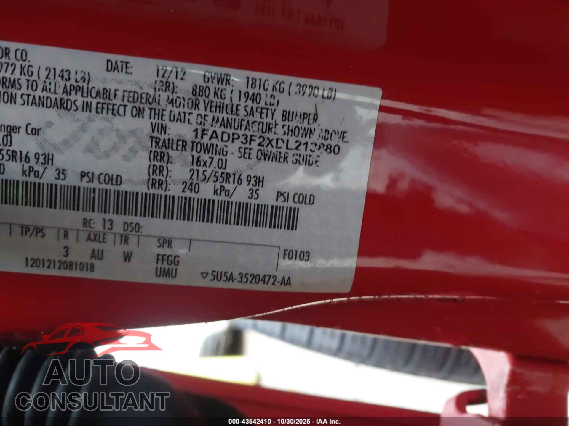 FORD FOCUS 2013 - 1FADP3F2XDL213880