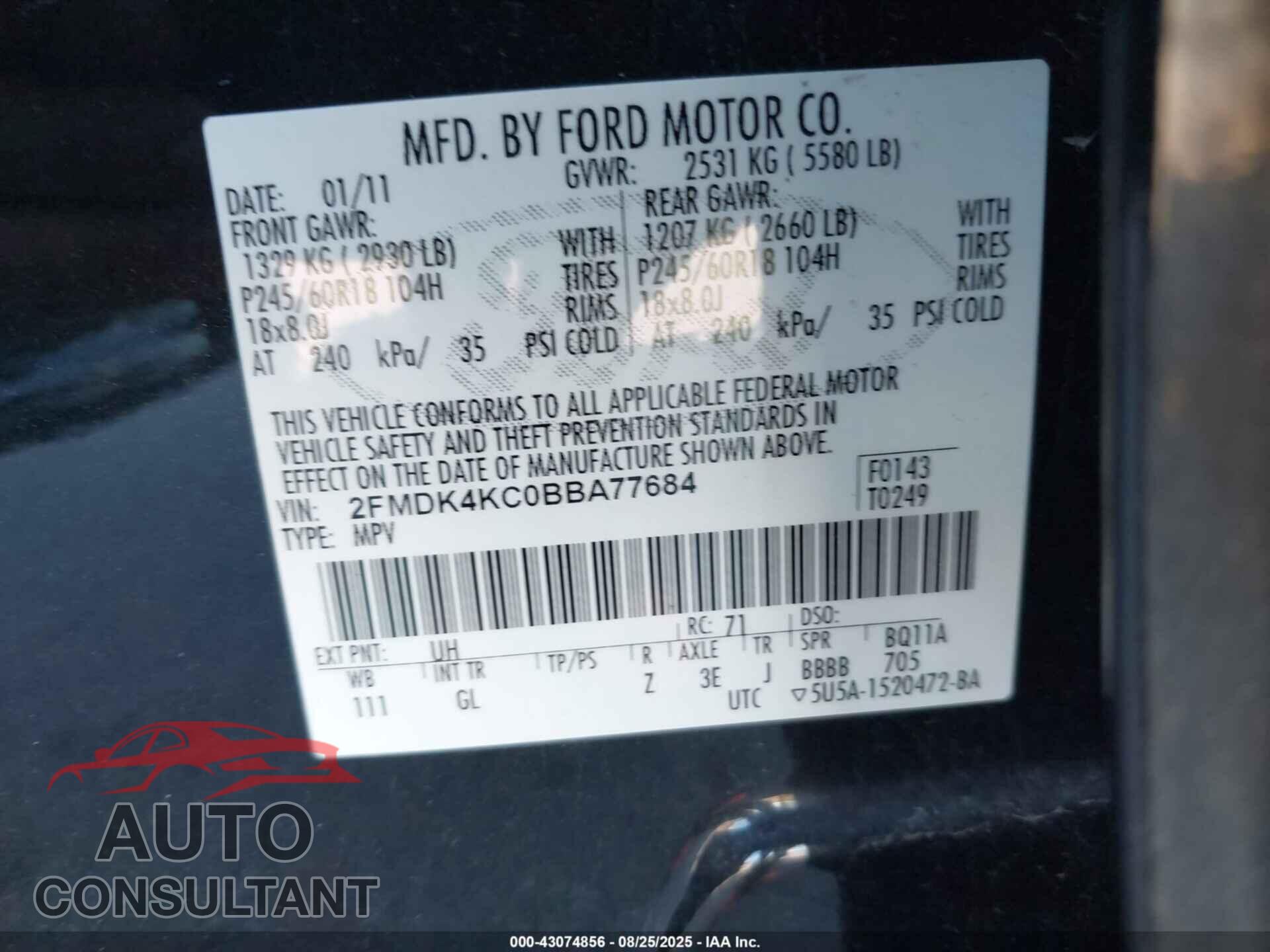 FORD EDGE 2011 - 2FMDK4KC0BBA77684