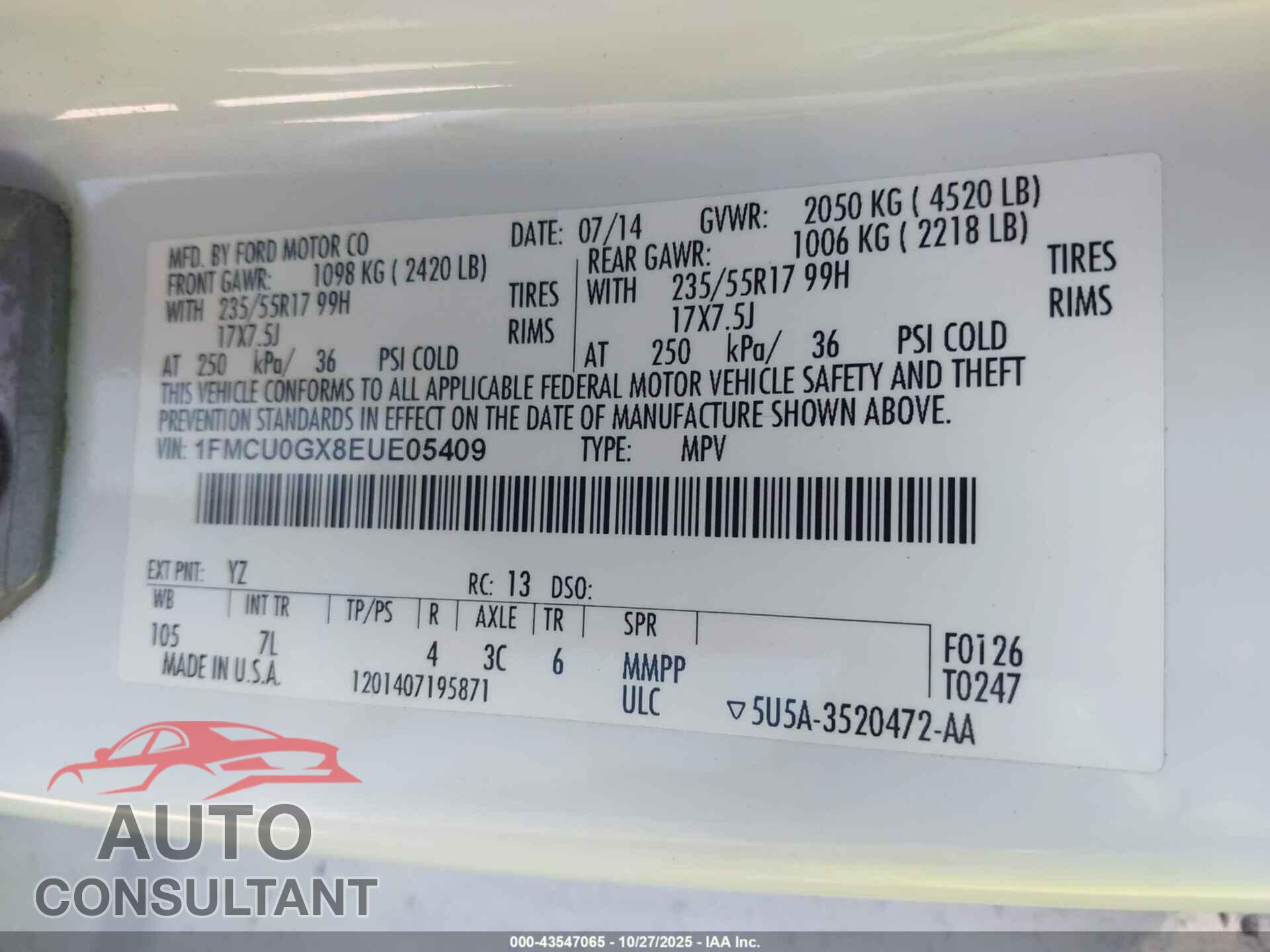 FORD ESCAPE 2014 - 1FMCU0GX8EUE05409