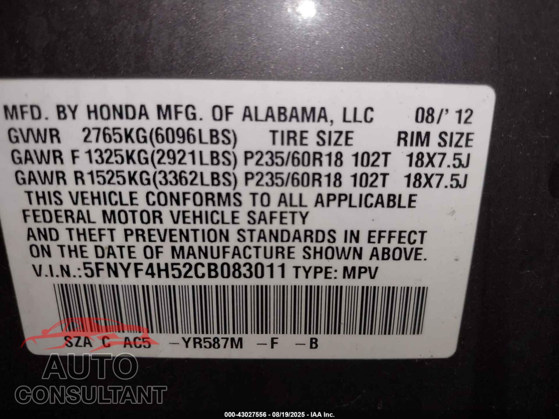 HONDA PILOT 2012 - 5FNYF4H52CB083011