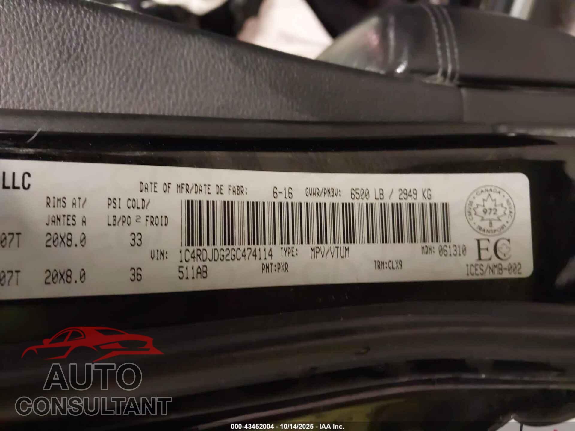 DODGE DURANGO 2016 - 1C4RDJDG2GC474114