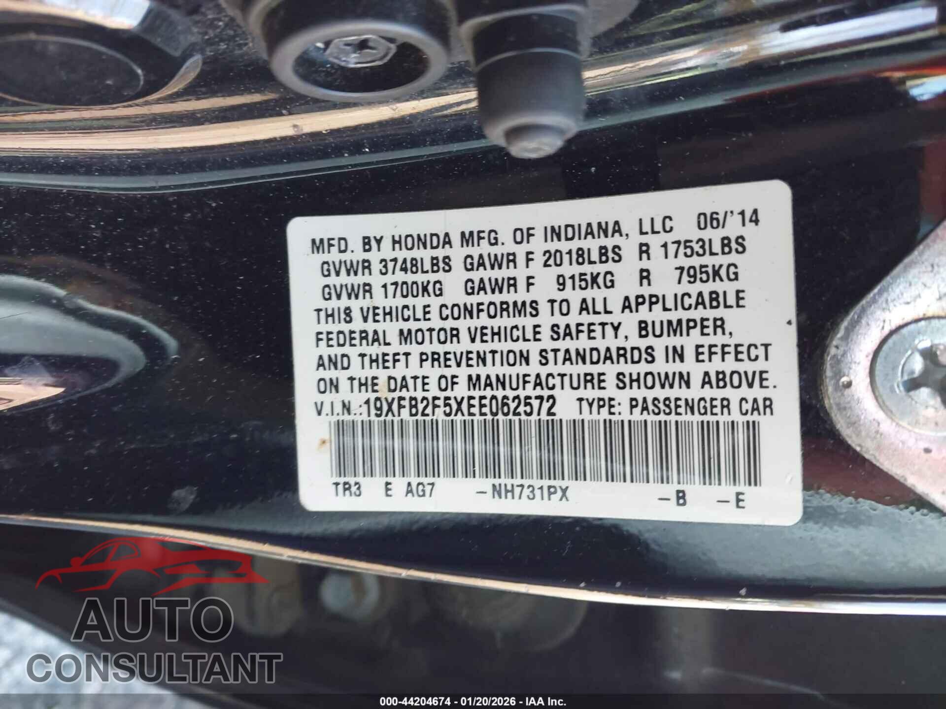 HONDA CIVIC 2014 - 19XFB2F5XEE062572