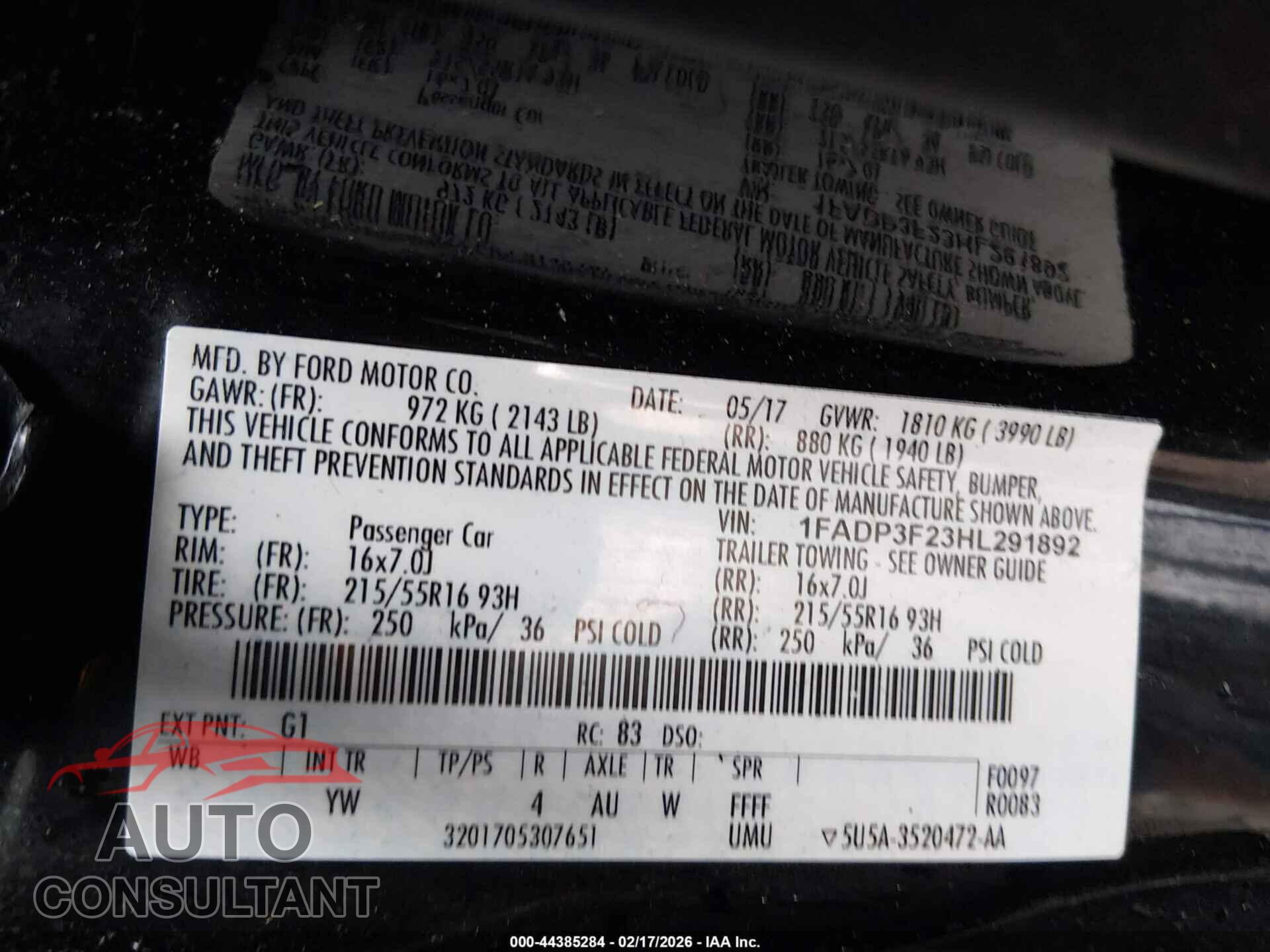 FORD FOCUS 2017 - 1FADP3F23HL291892