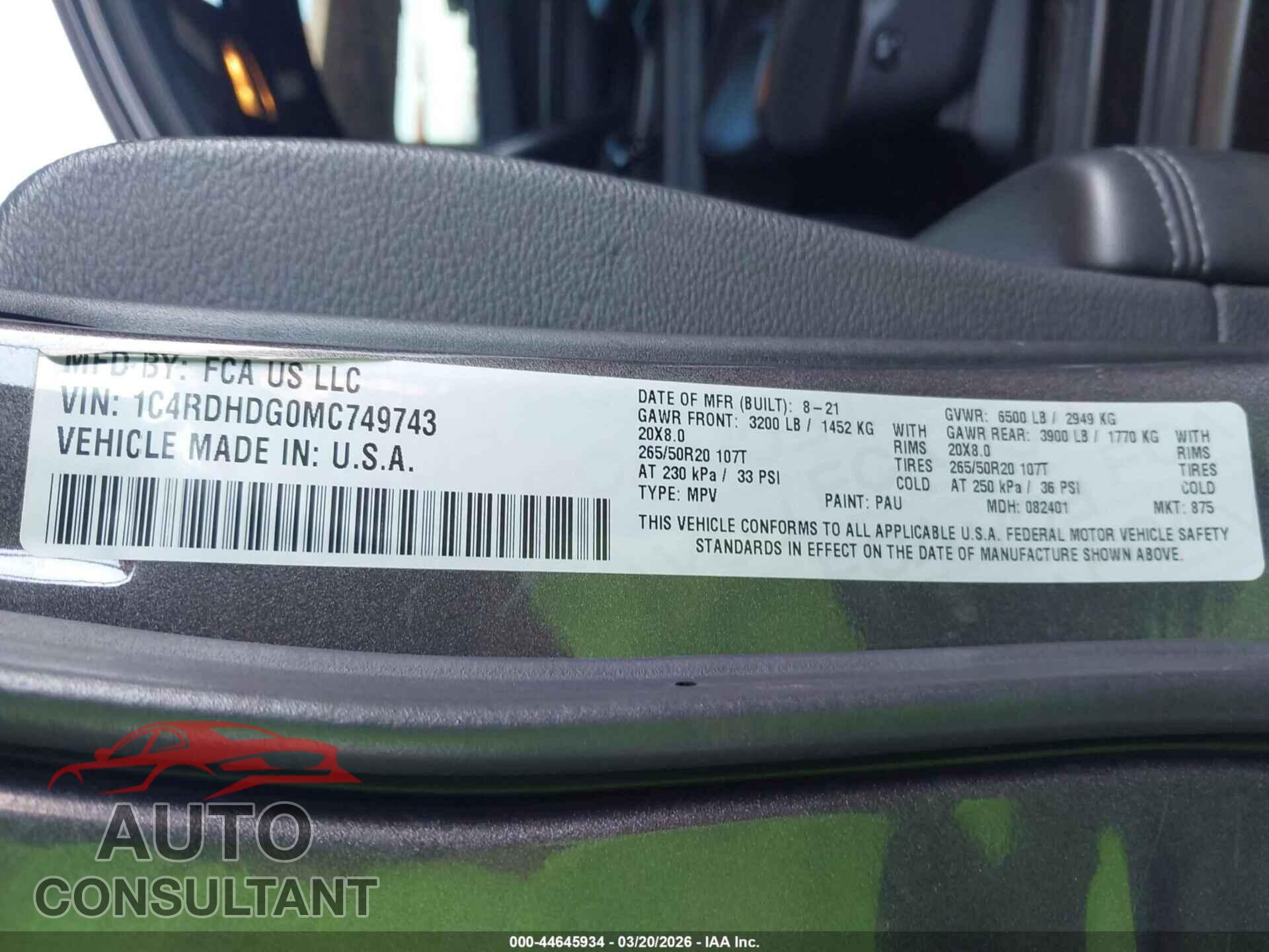 DODGE DURANGO 2021 - 1C4RDHDG0MC749743