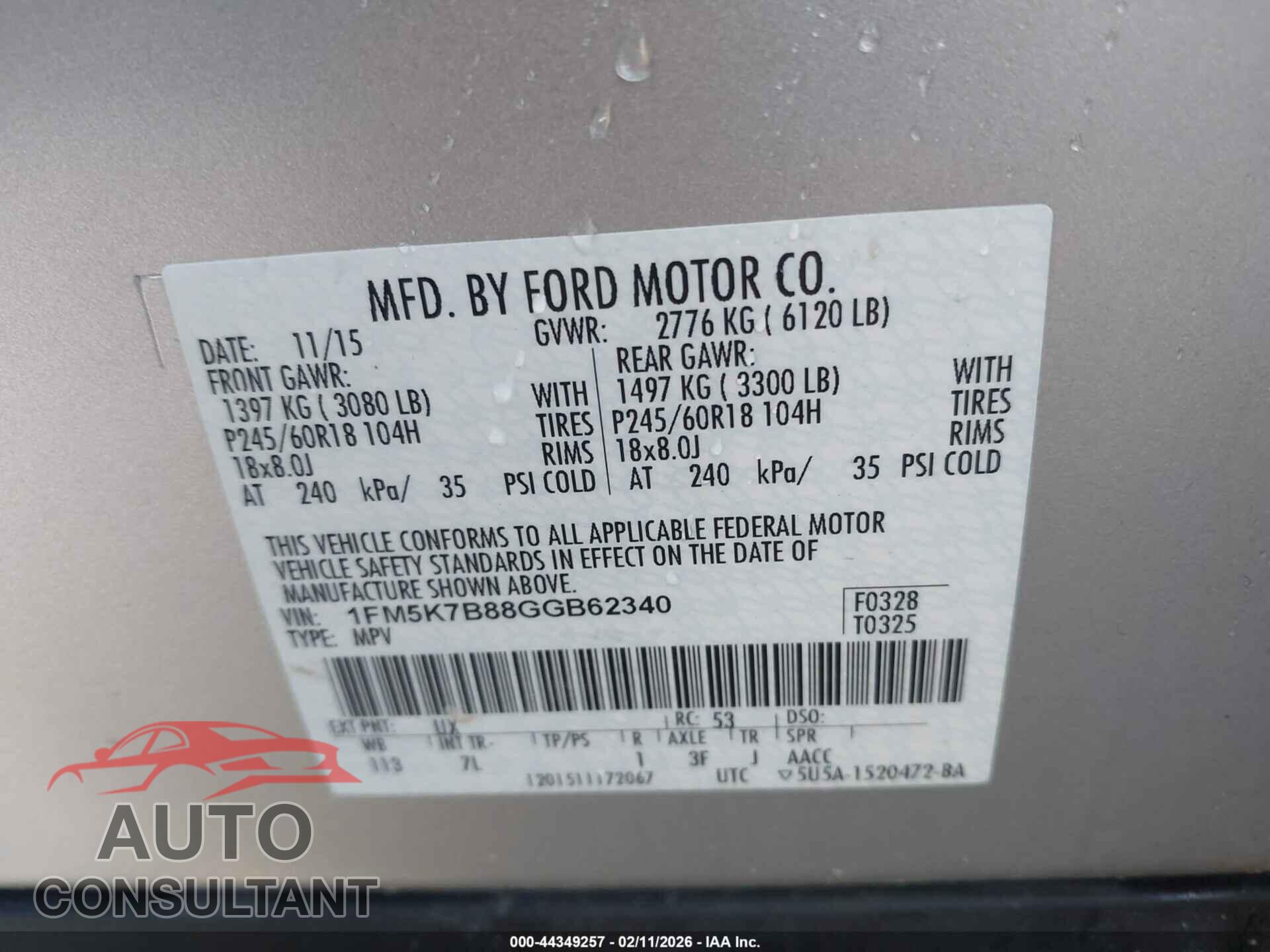 FORD EXPLORER 2016 - 1FM5K7B88GGB62340