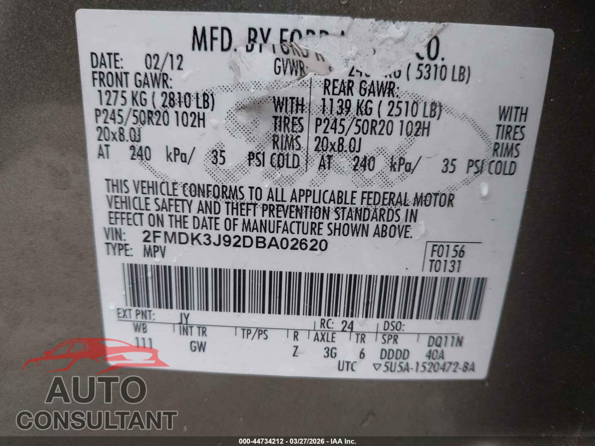 FORD EDGE 2013 - 2FMDK3J92DBA02620