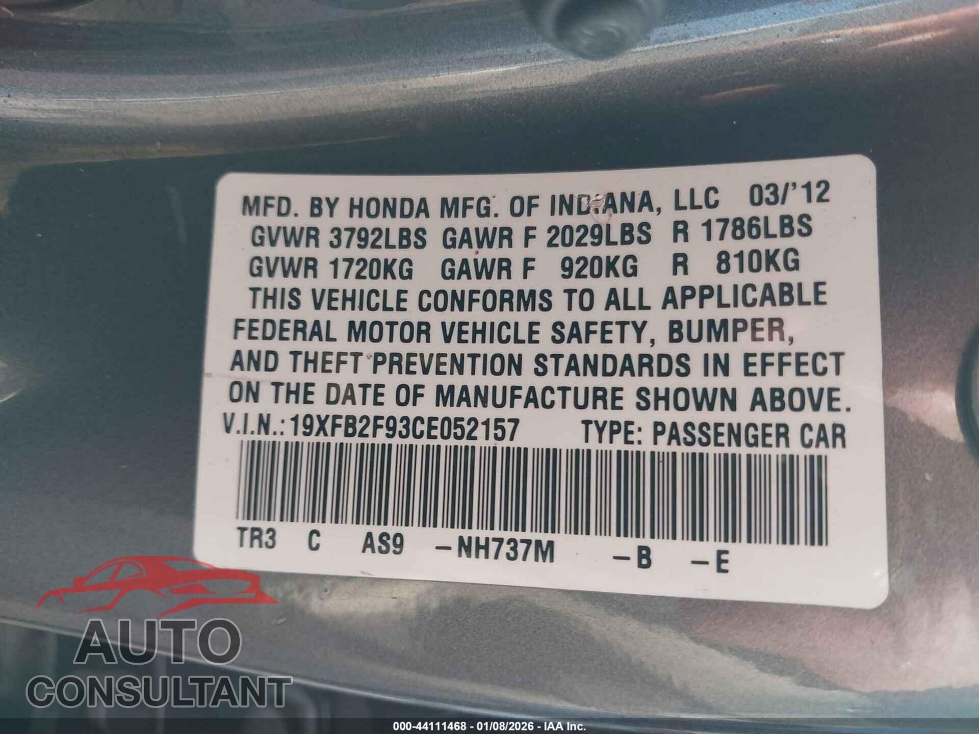 HONDA CIVIC 2012 - 19XFB2F93CE052157