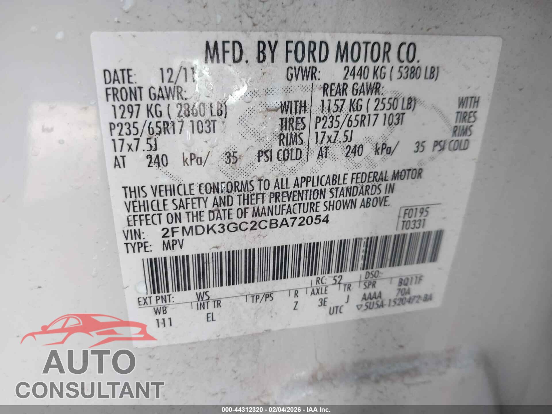 FORD EDGE 2012 - 2FMDK3GC2CBA72054