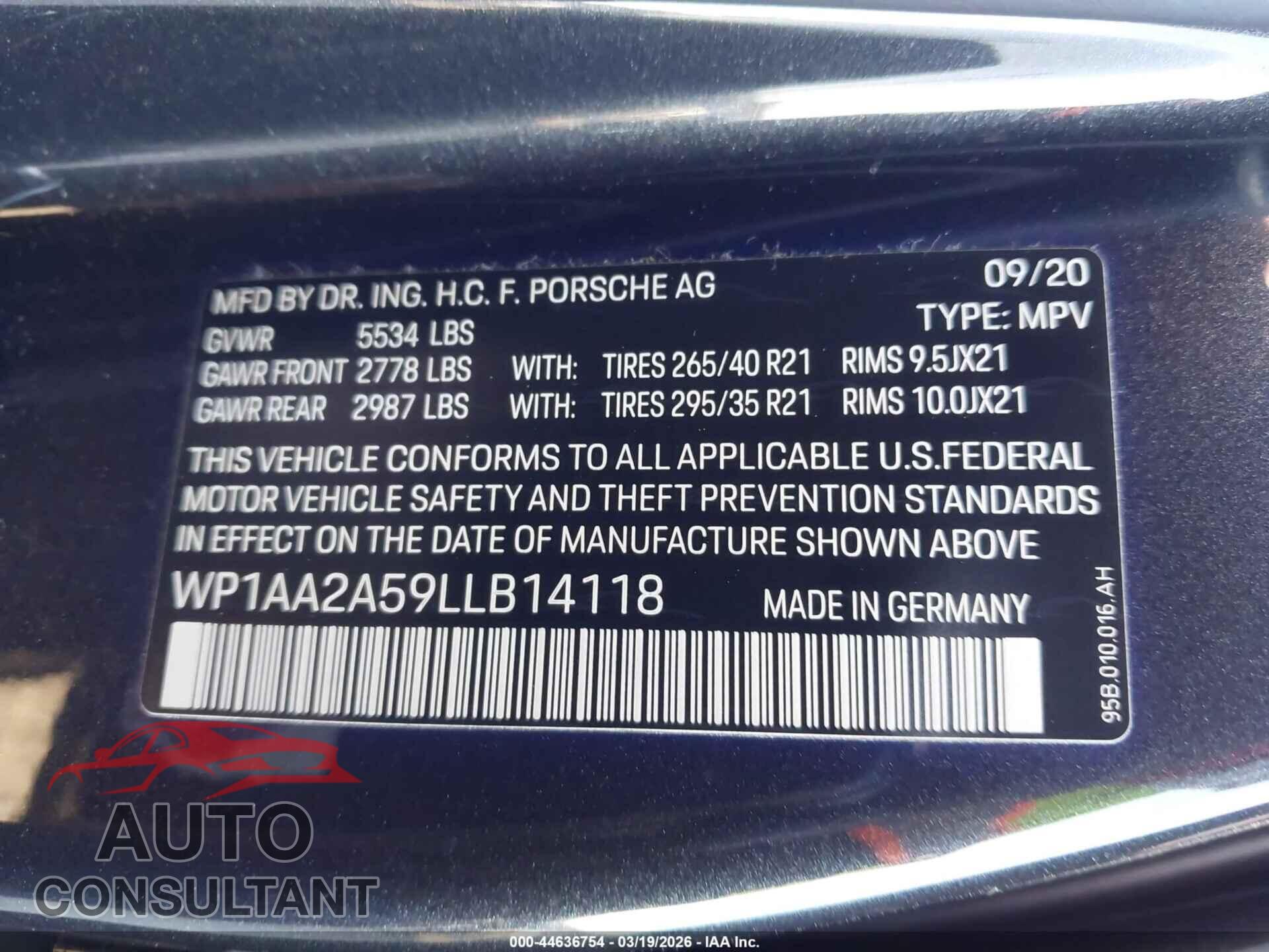 PORSCHE MACAN 2020 - WP1AA2A59LLB14118