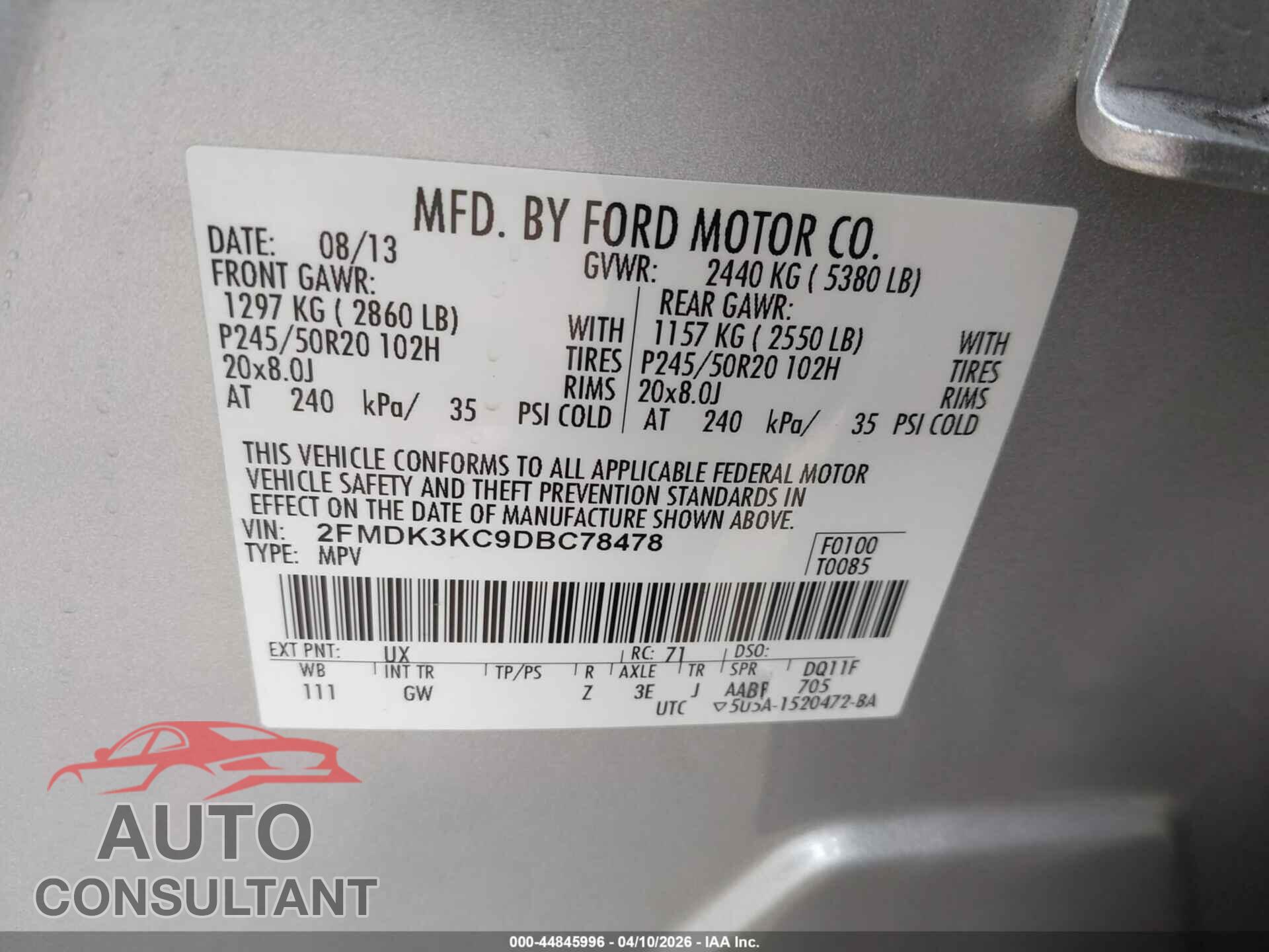FORD EDGE 2013 - 2FMDK3KC9DBC78478