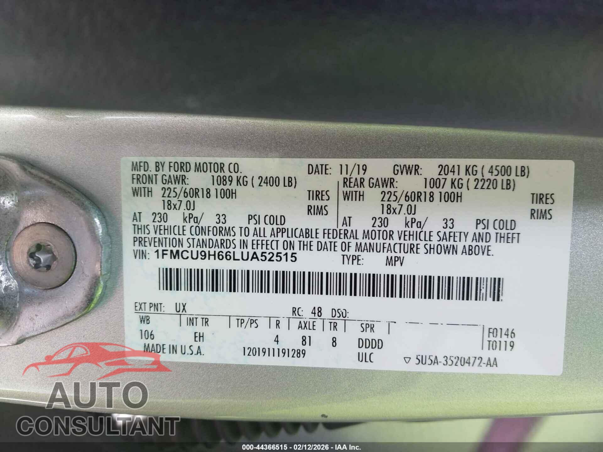 FORD ESCAPE 2020 - 1FMCU9H66LUA52515