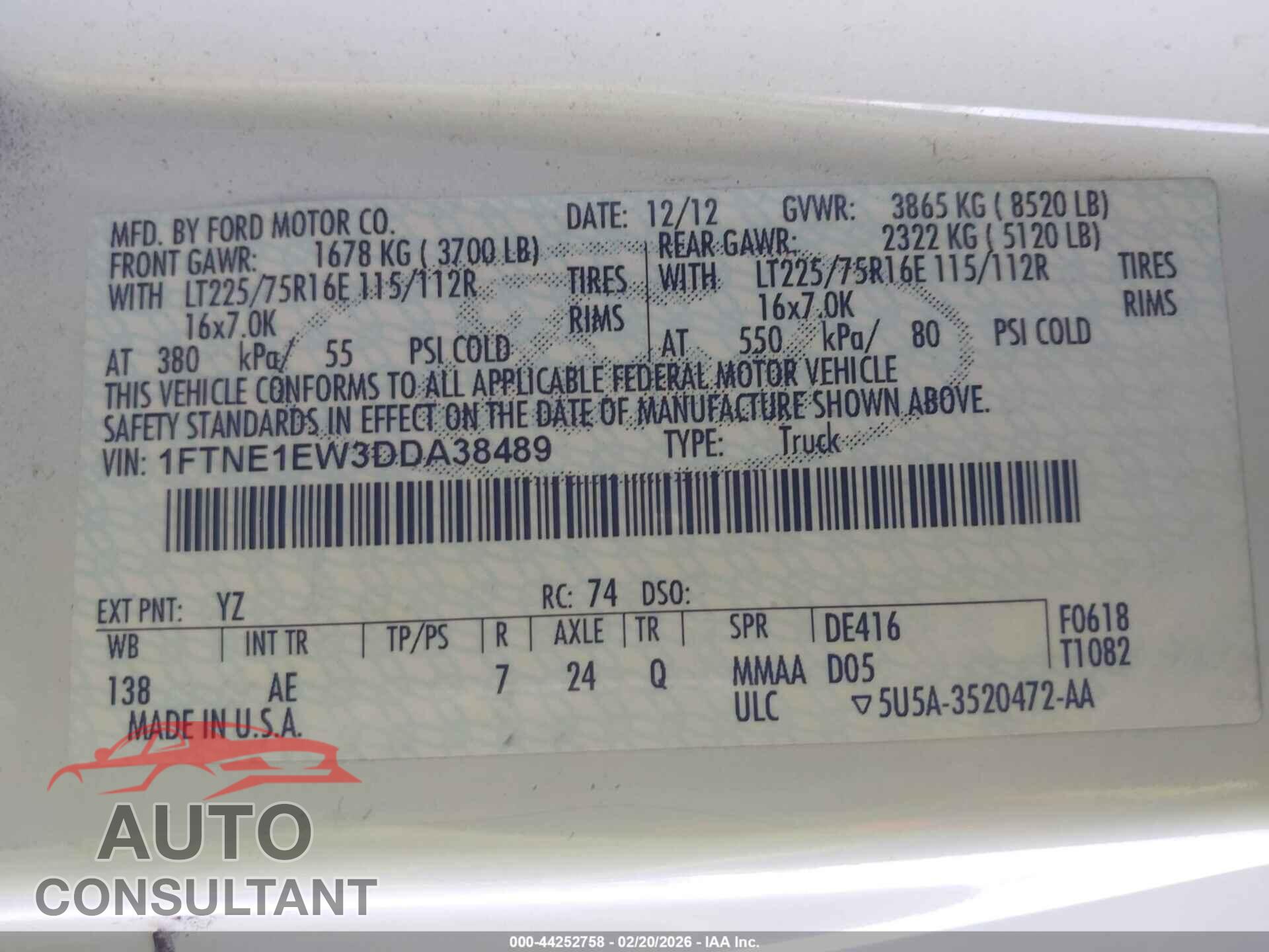 FORD E-150 2013 - 1FTNE1EW3DDA38489