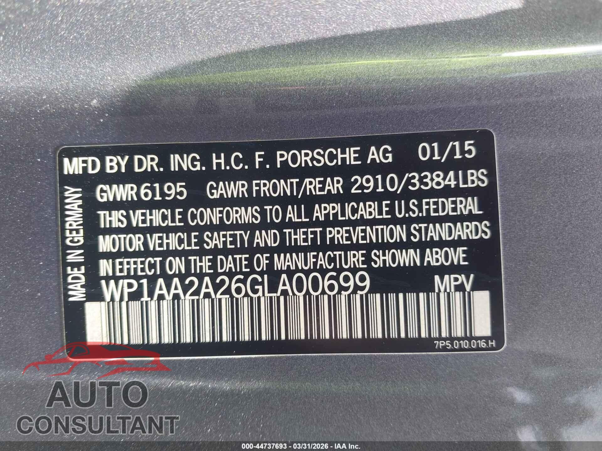 PORSCHE CAYENNE 2016 - WP1AA2A26GLA00699