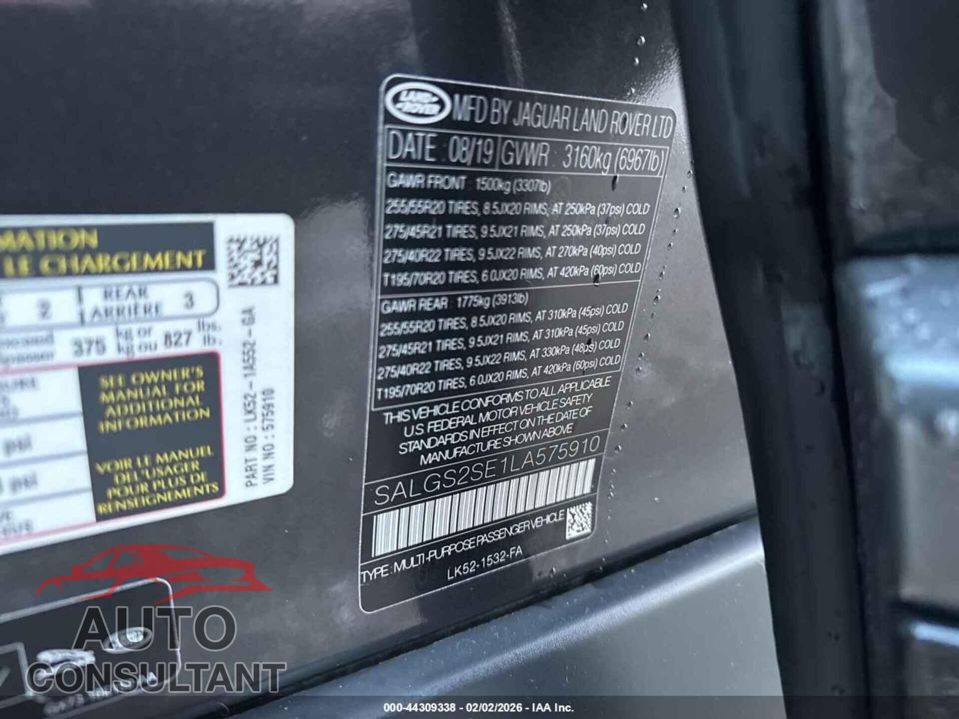 LAND ROVER RANGE ROVER 2020 - SALGS2SE1LA575910