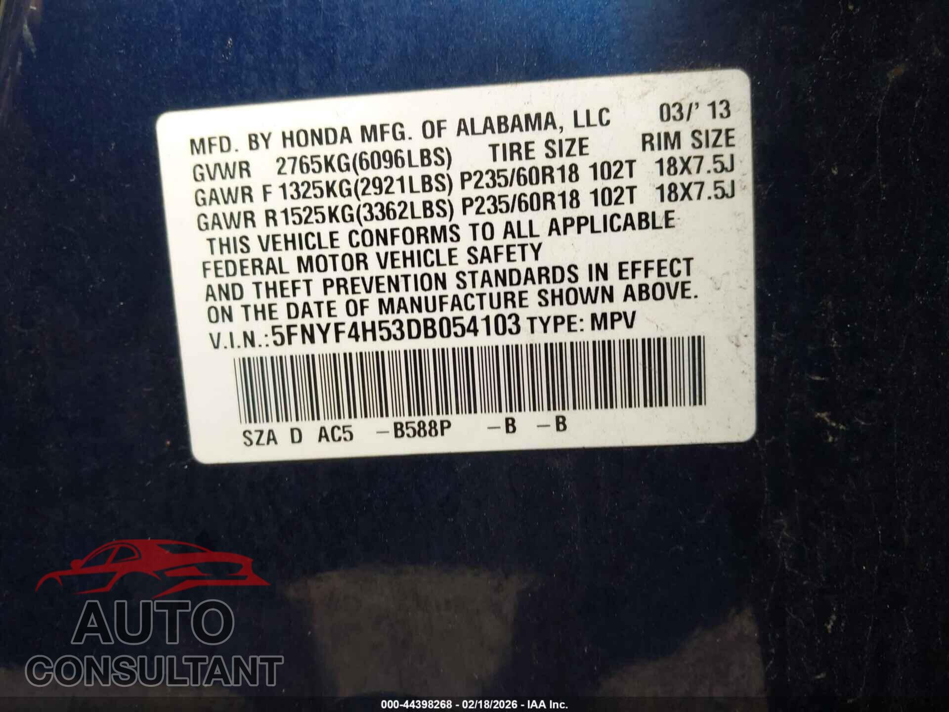 HONDA PILOT 2013 - 5FNYF4H53DB054103
