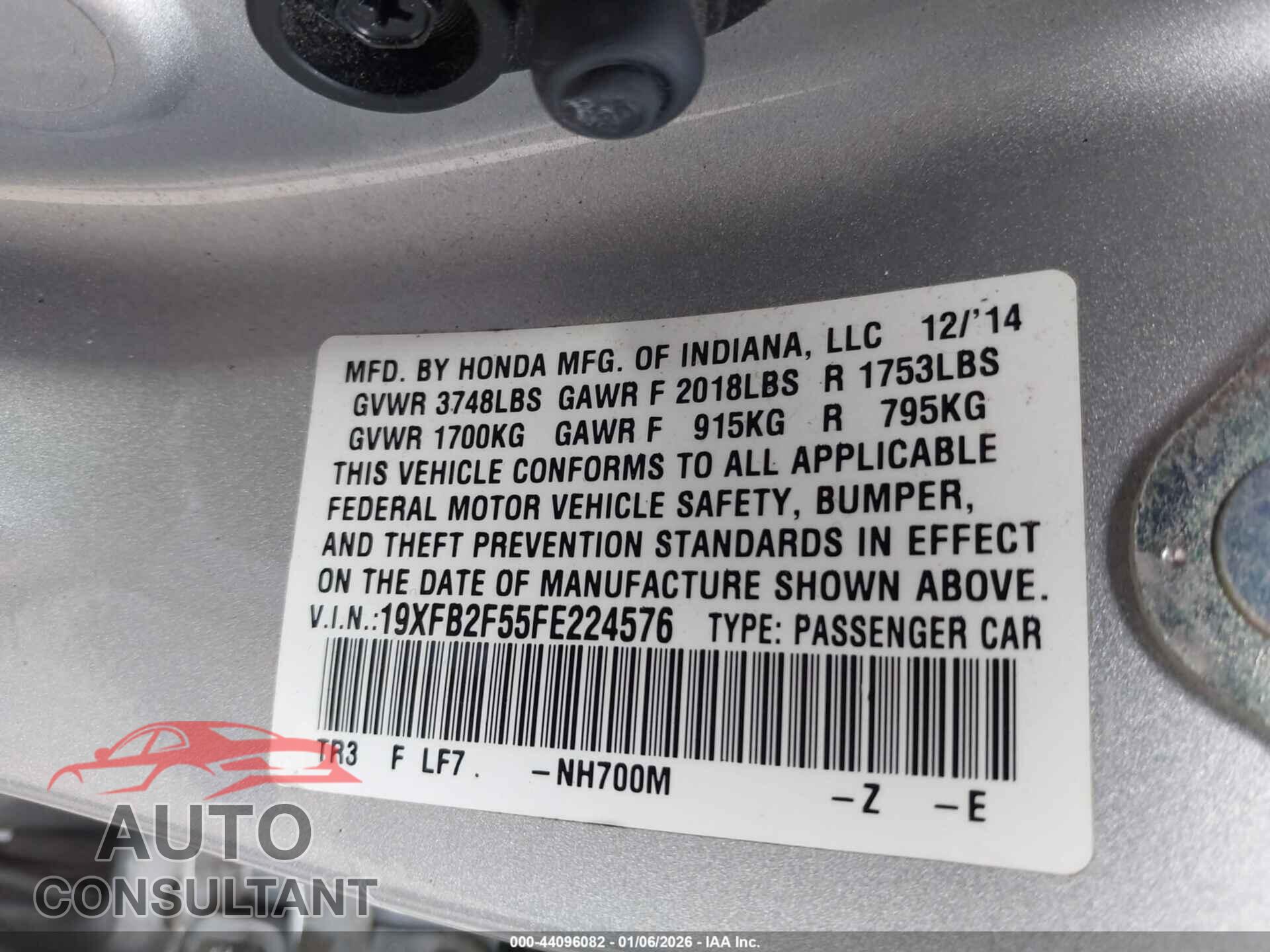 HONDA CIVIC 2015 - 19XFB2F55FE224576