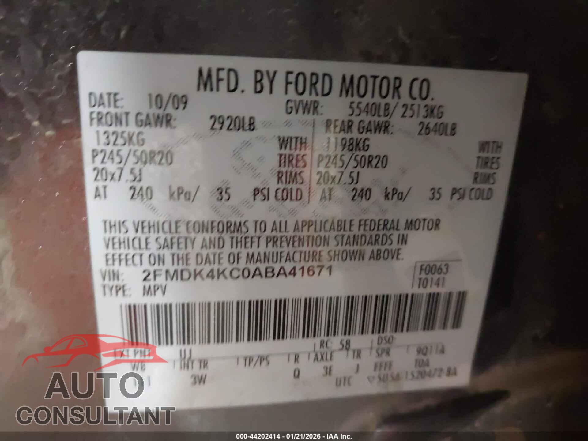 FORD EDGE 2010 - 2FMDK4KC0ABA41671