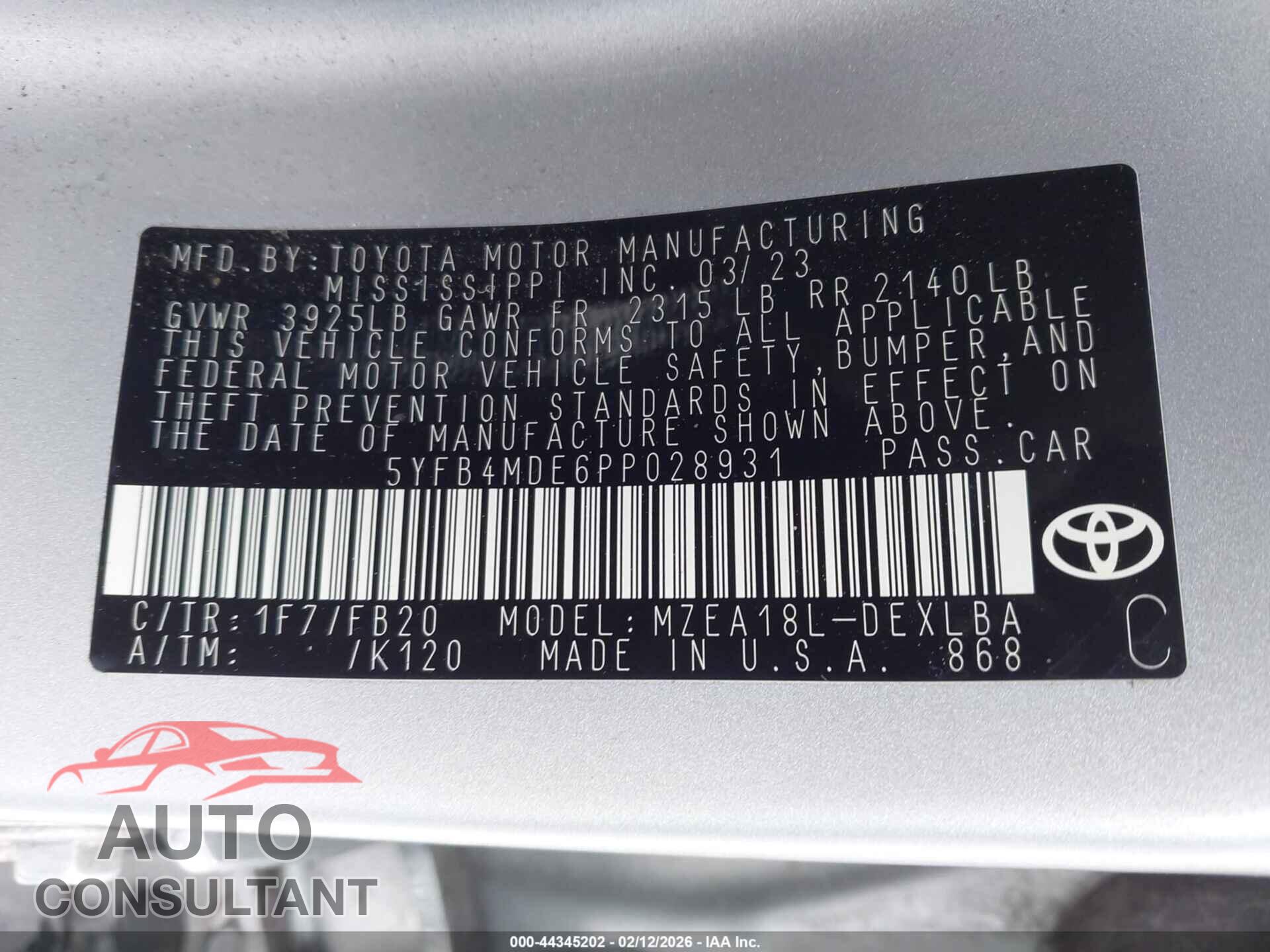 TOYOTA COROLLA 2023 - 5YFB4MDE6PP028931