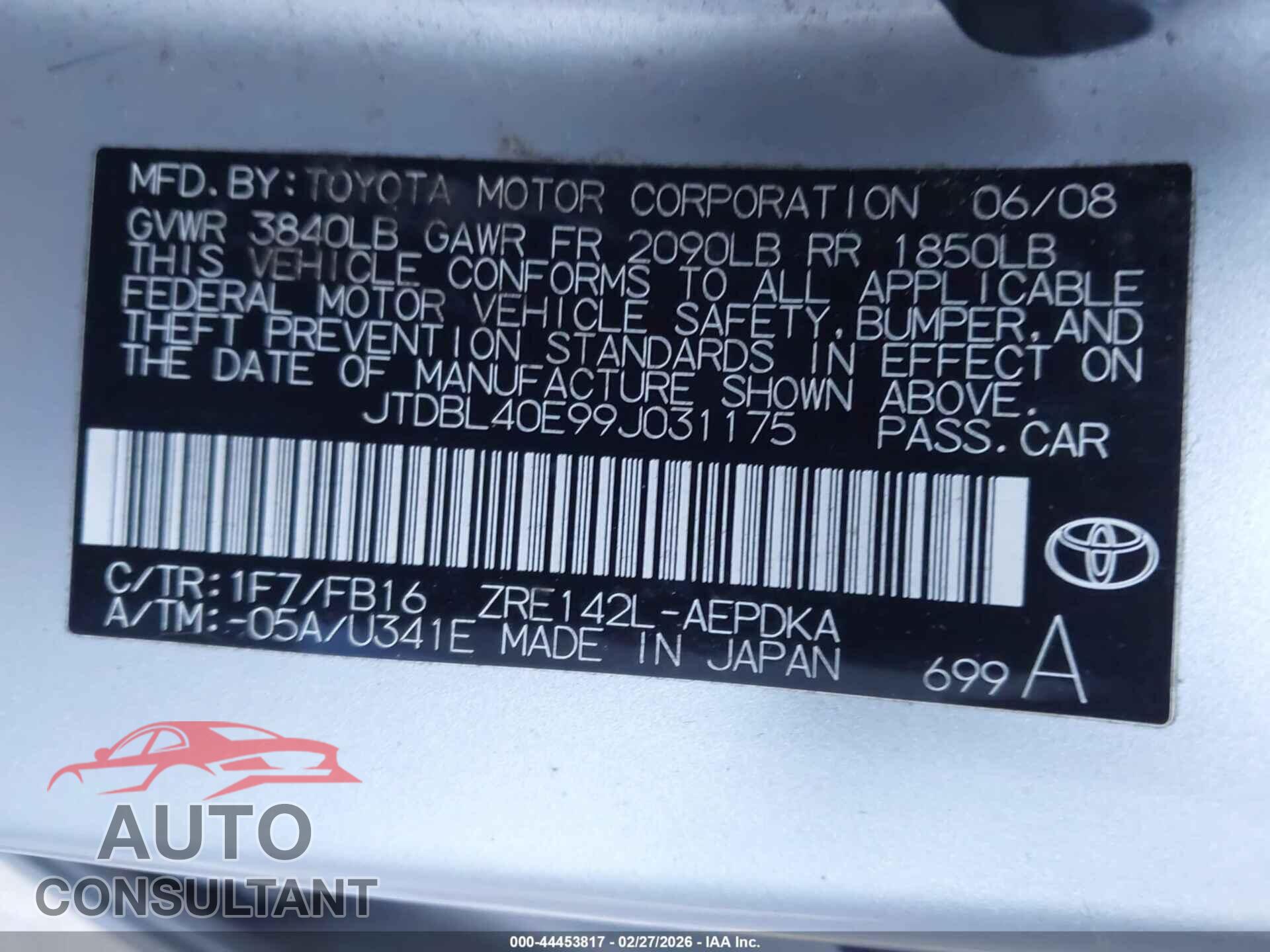 TOYOTA COROLLA 2009 - JTDBL40E99J031175
