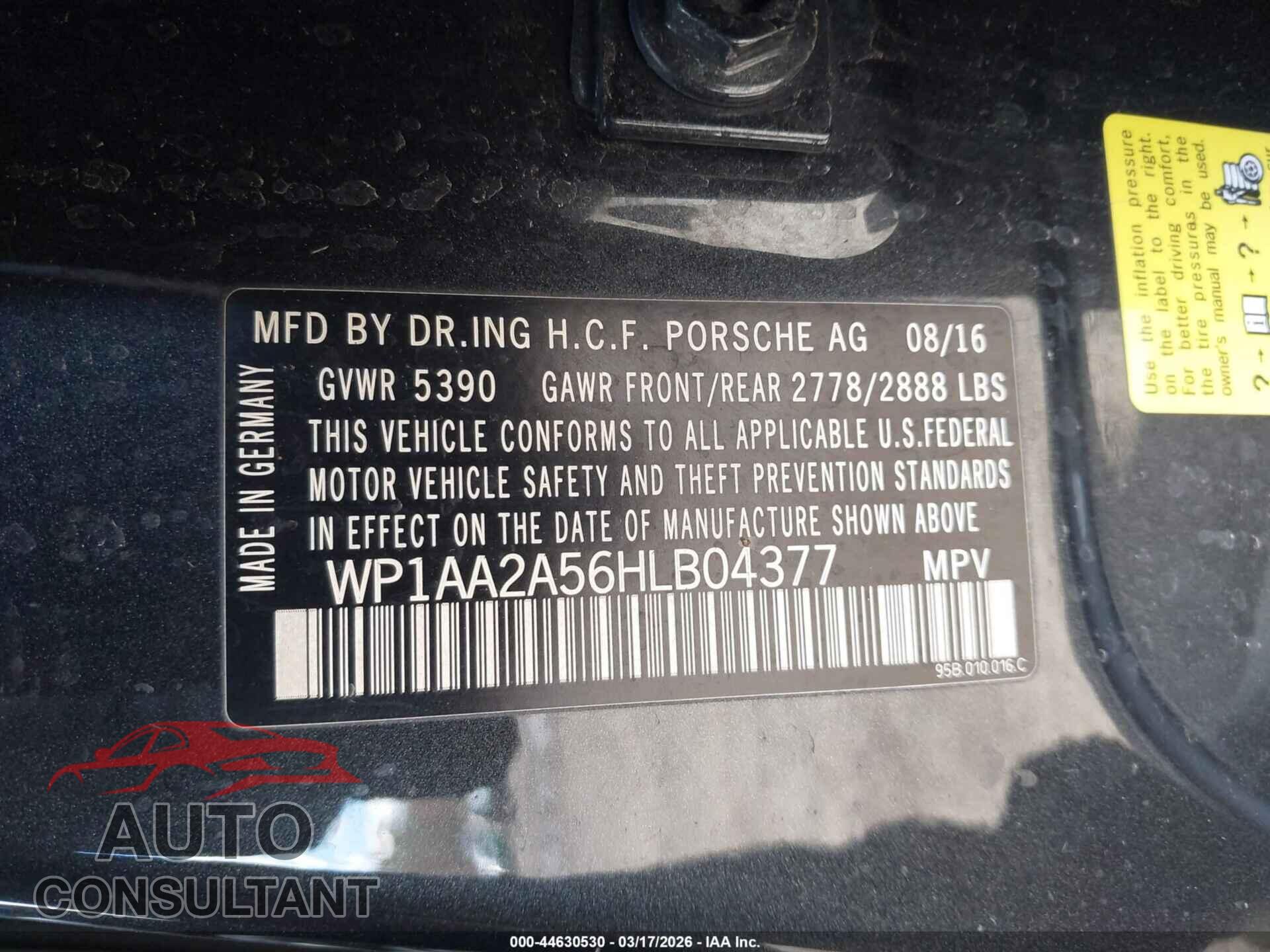 PORSCHE MACAN 2017 - WP1AA2A56HLB04377