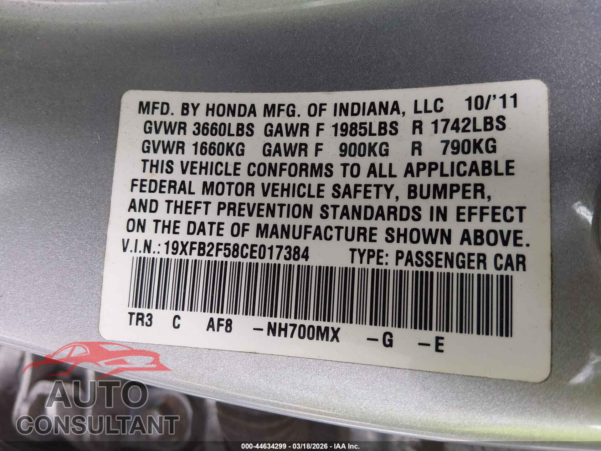 HONDA CIVIC 2012 - 19XFB2F58CE017384