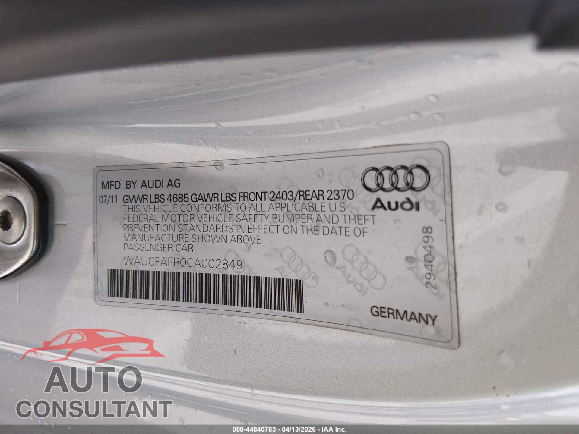 AUDI A5 2012 - WAUCFAFR0CA002849
