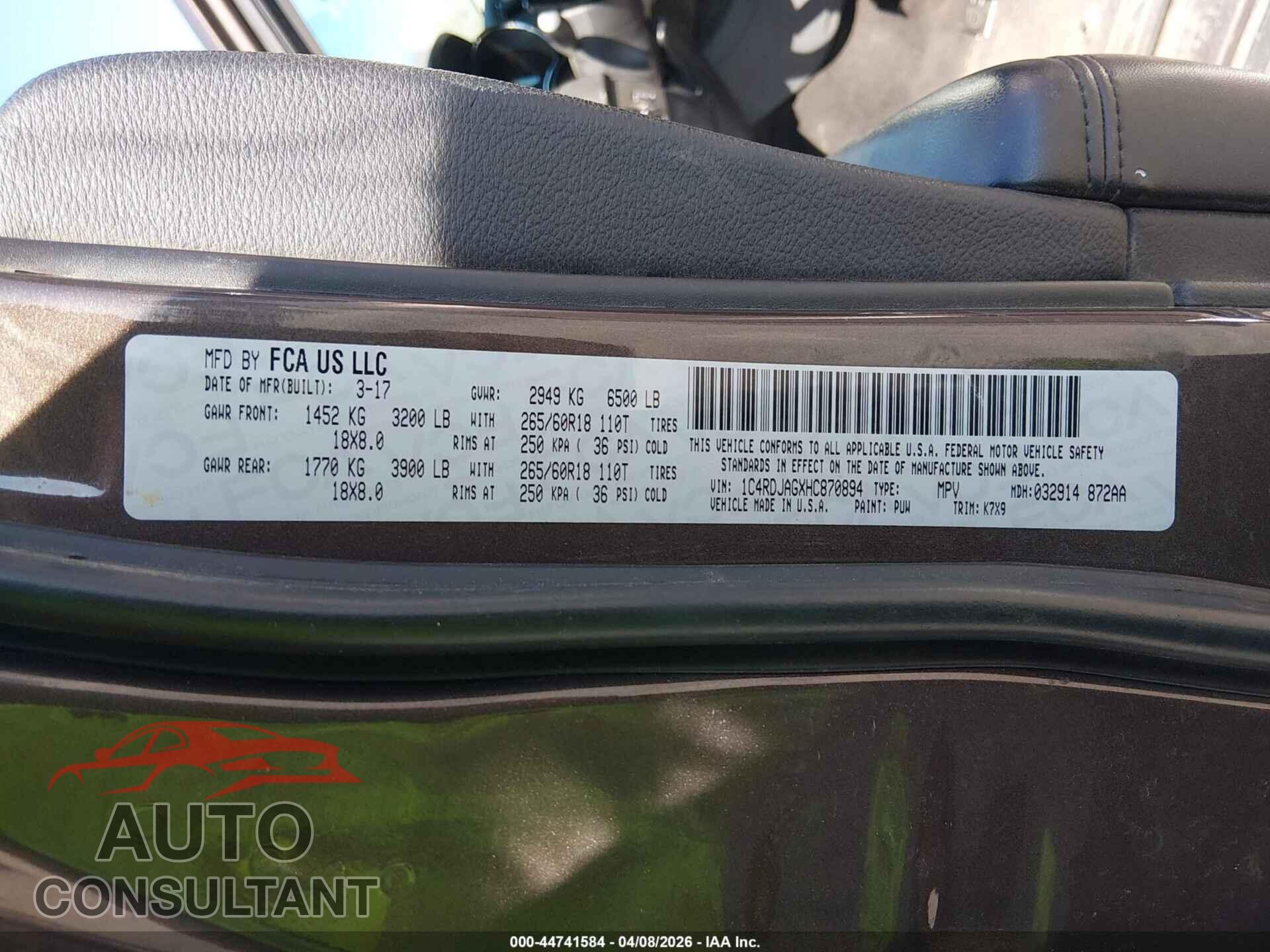 DODGE DURANGO 2017 - 1C4RDJAGXHC870894